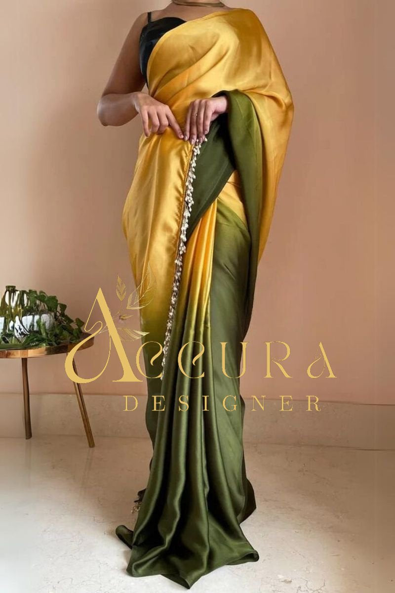 Bottle Green Satin Silk Saree With Handmade Tassels On Pallu