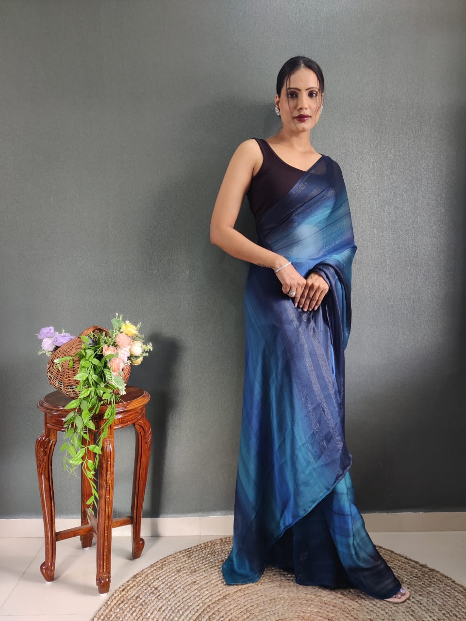 Ethnic Blue Color Nylon silk Ready To Wear saree