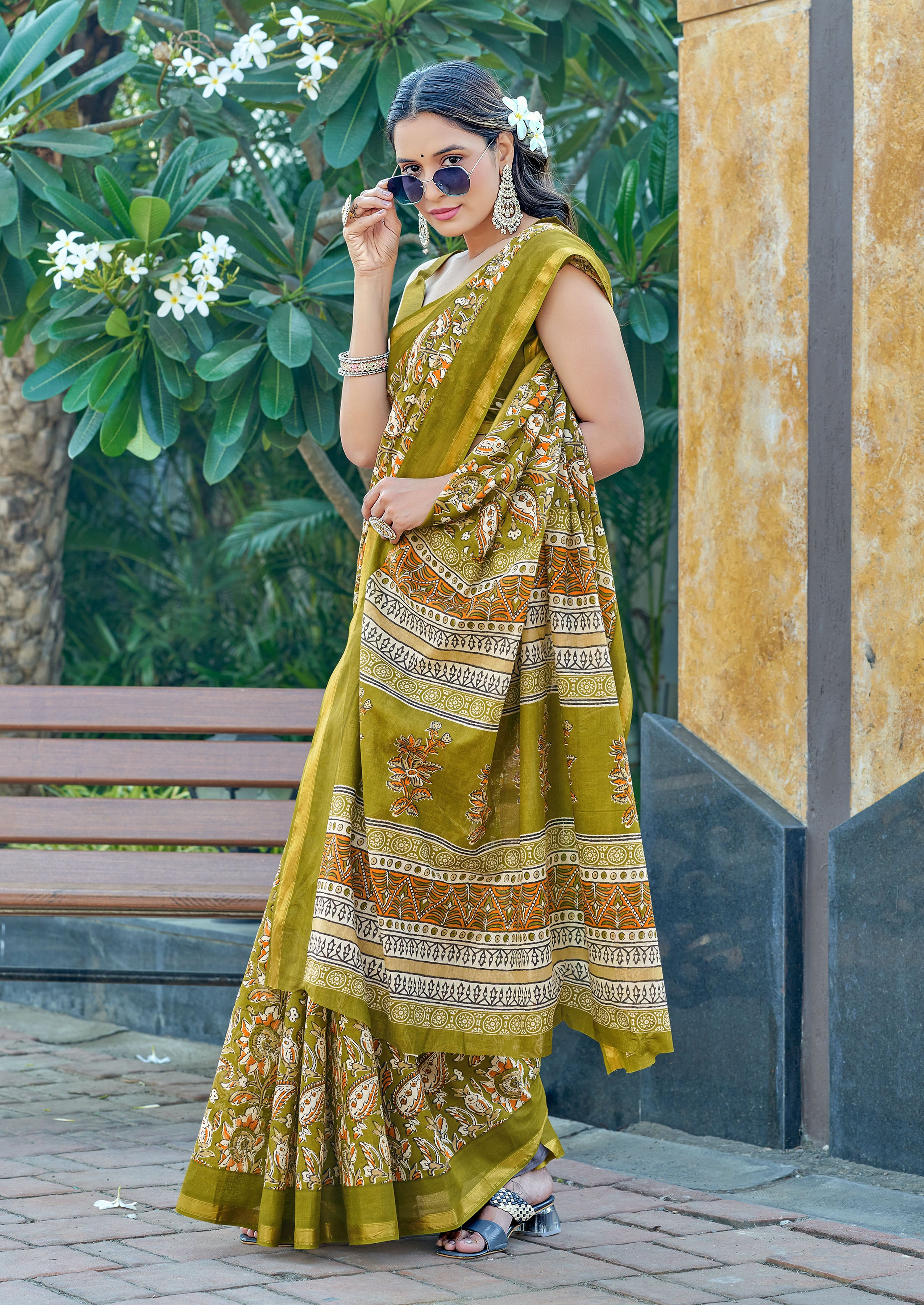 Angelic 1-Minute Ready To Wear Olive Green Mul Cotton Digital Printed Saree