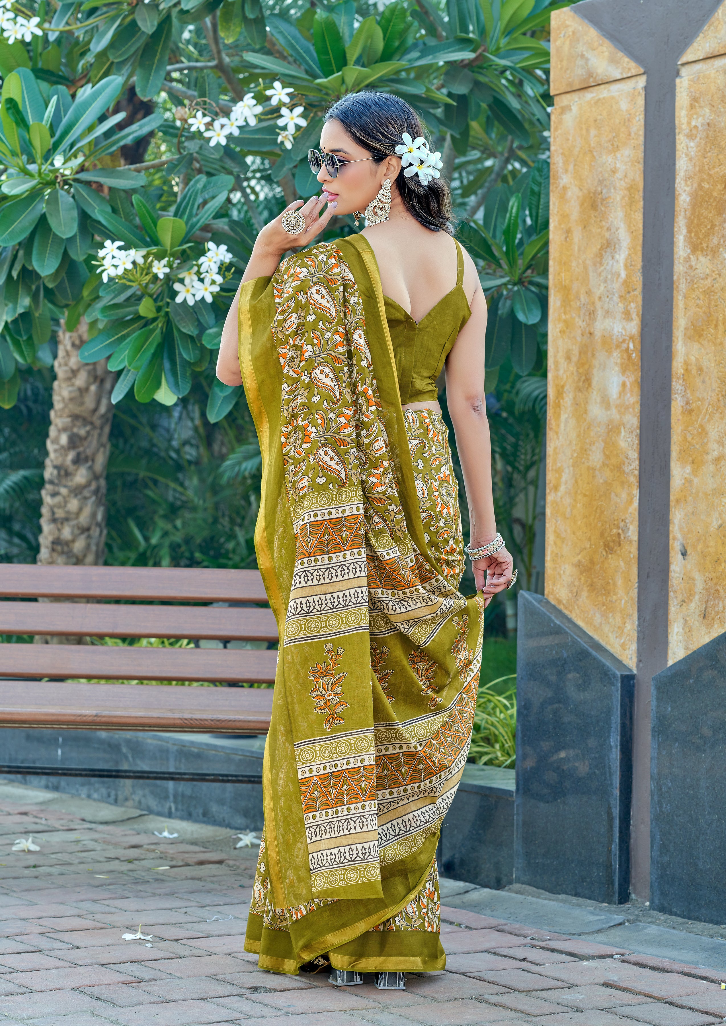 Angelic 1-Minute Ready To Wear Olive Green Mul Cotton Digital Printed Saree