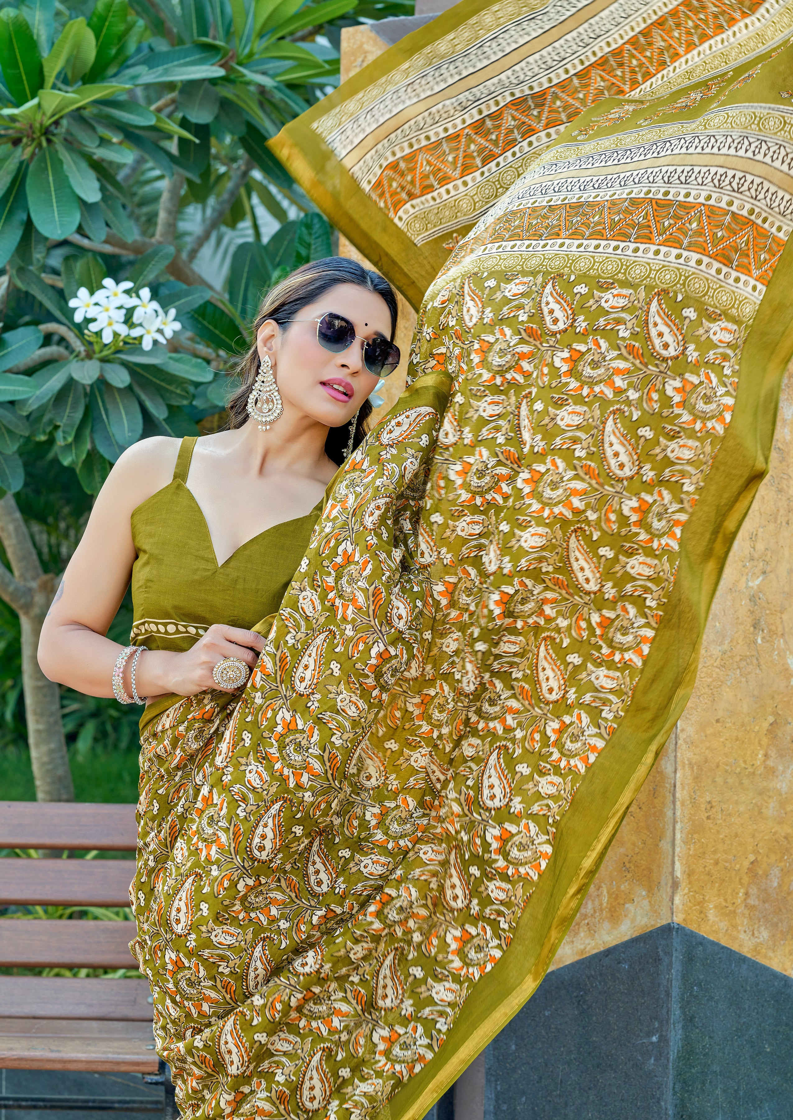 Angelic 1-Minute Ready To Wear Olive Green Mul Cotton Digital Printed Saree