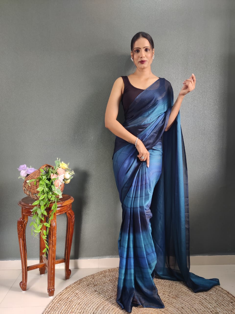 Ethnic Blue Color Nylon silk Ready To Wear saree