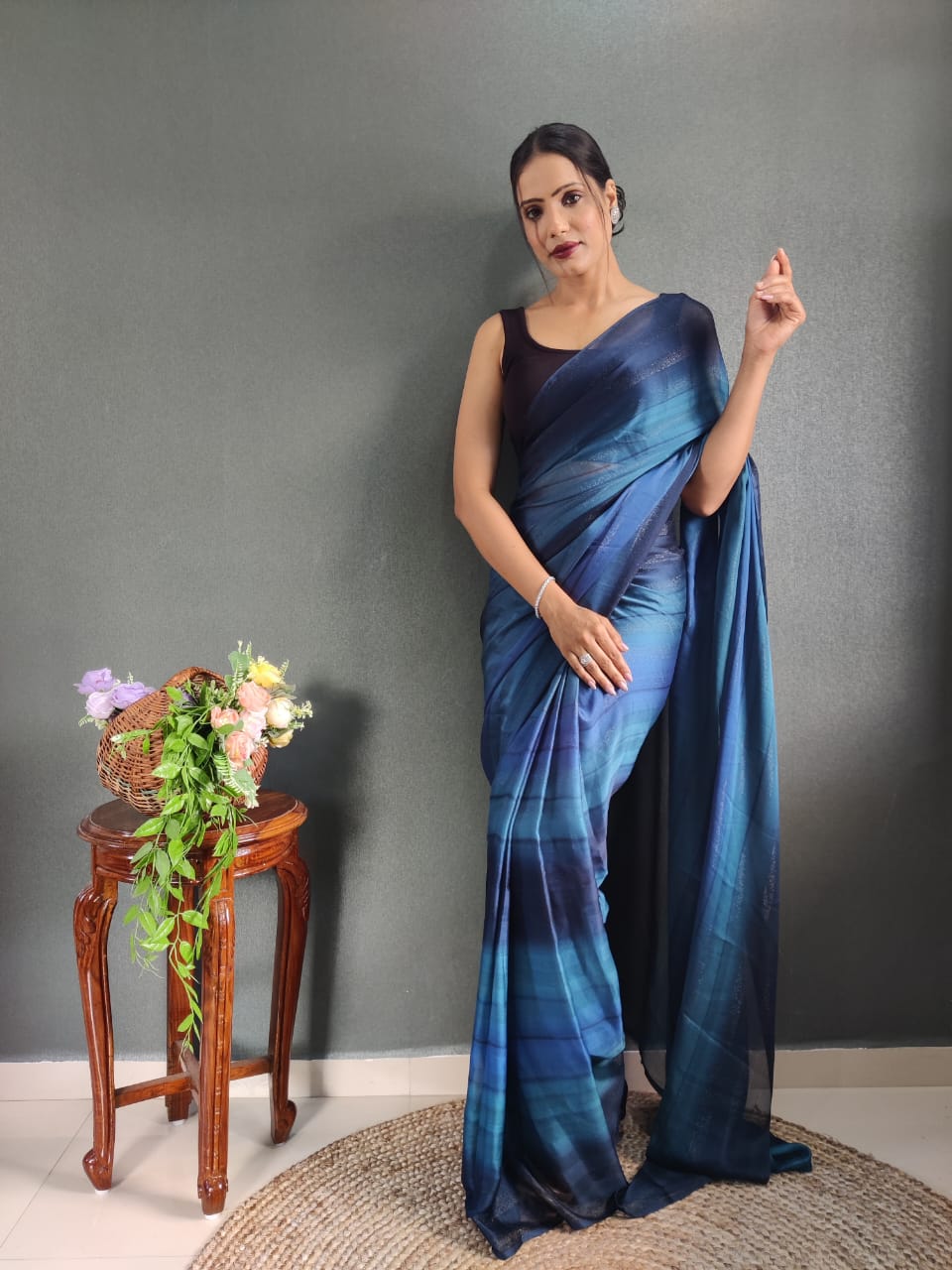 Ethnic Blue Color Nylon silk Ready To Wear saree