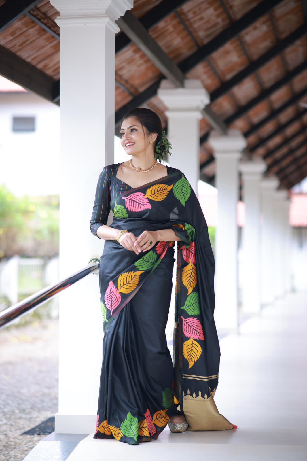 Leaf Pattern Black colour Banarasi Silk Woven Saree