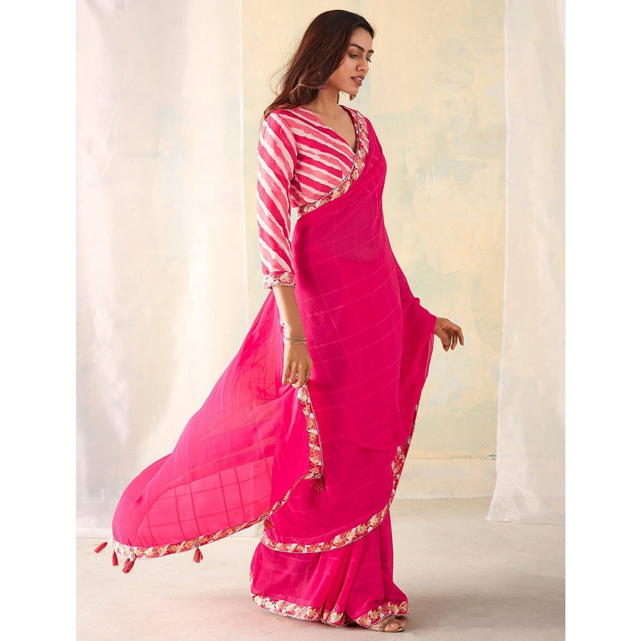 Pink Georgette Chext Print Saree with Bangalori Silk Unstitch Blouse