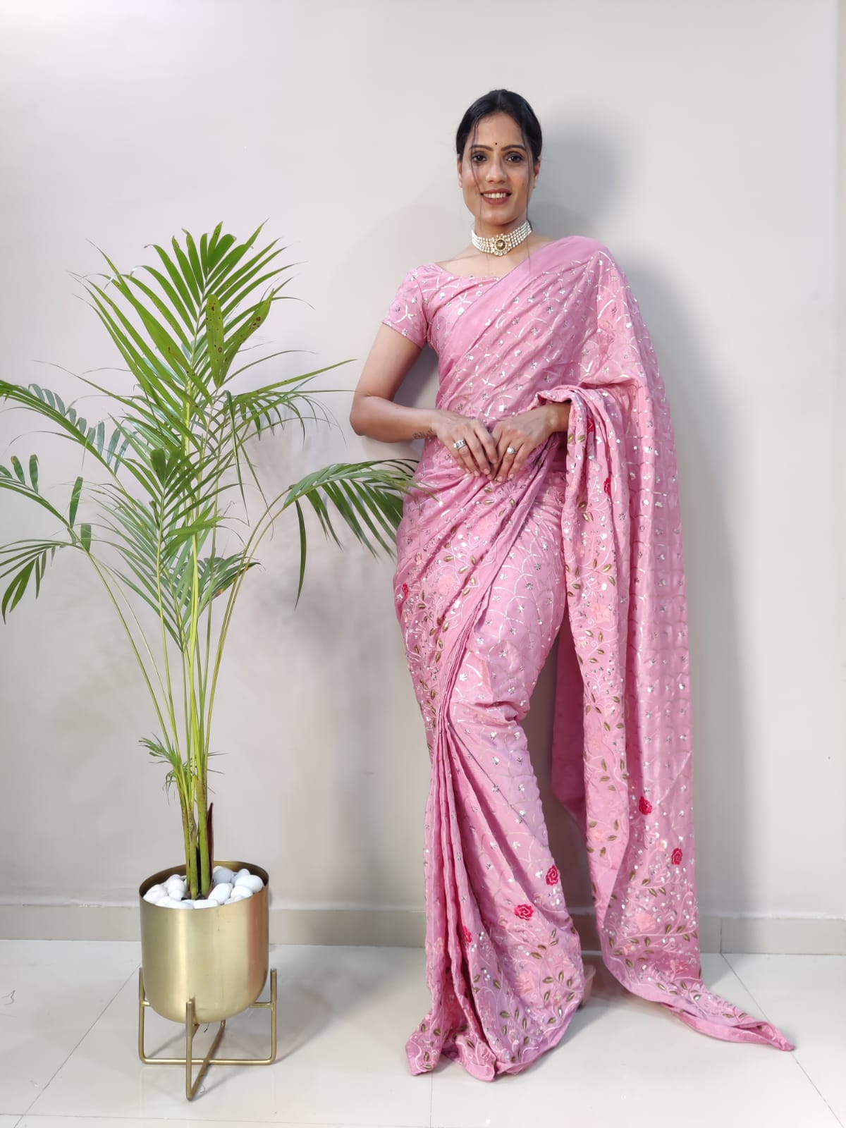 Chinon Silk Embroidery And Beautiful Sequins Work Latest Ready To Wear Saree