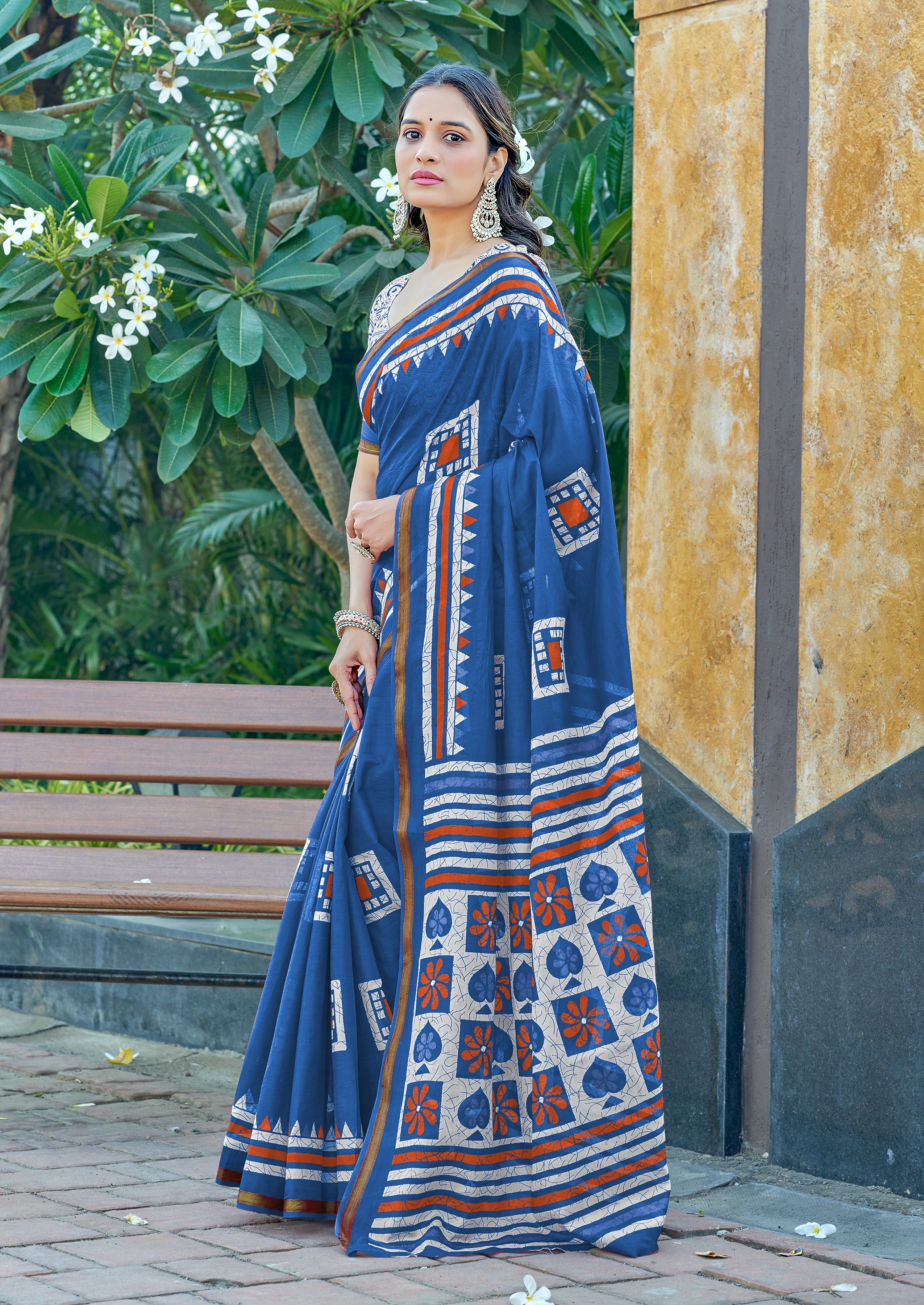 Gratifying 1-Minute Ready To Wear Blue Mul Cotton Printed Saree