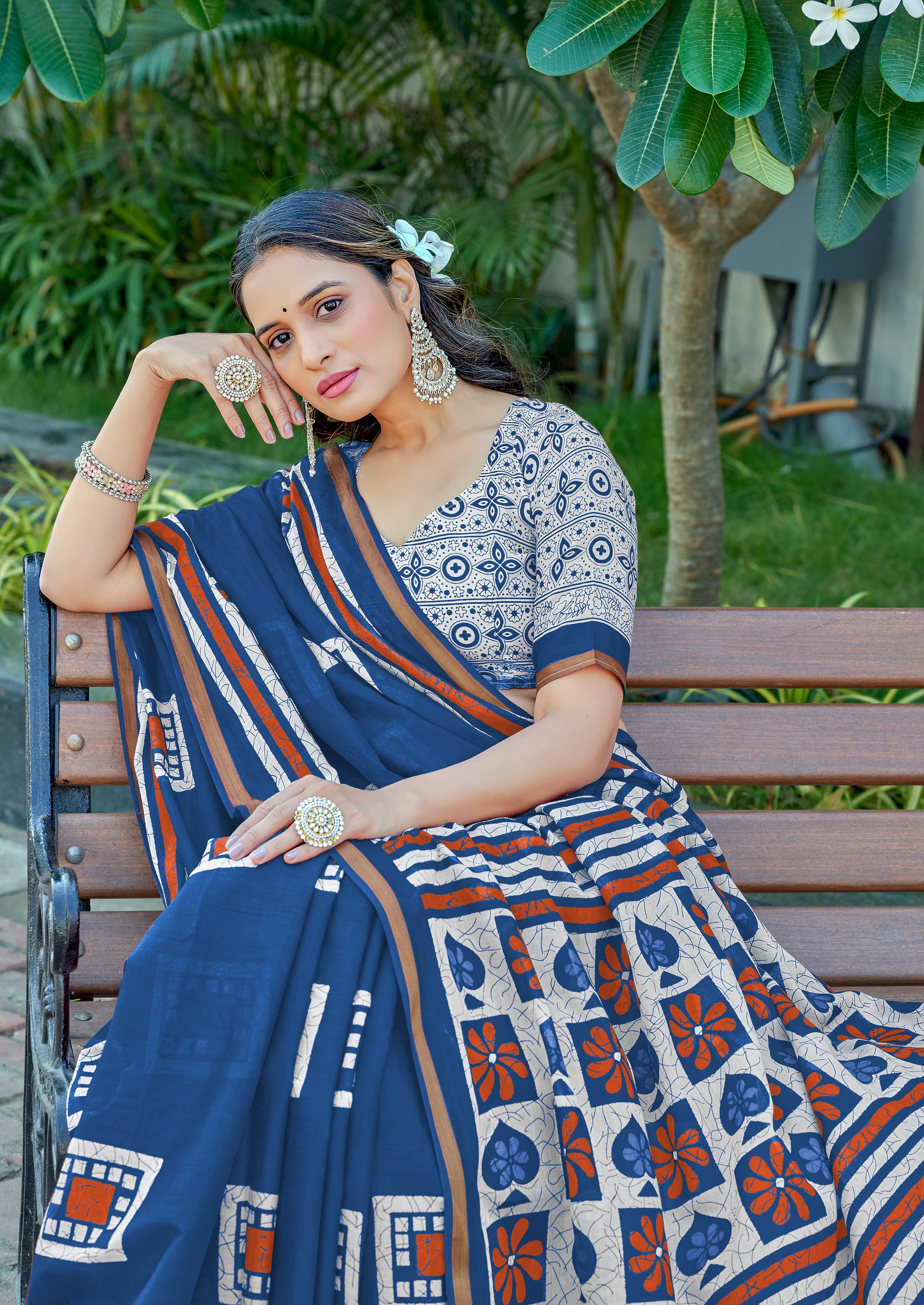 Gratifying 1-Minute Ready To Wear Blue Mul Cotton Printed Saree