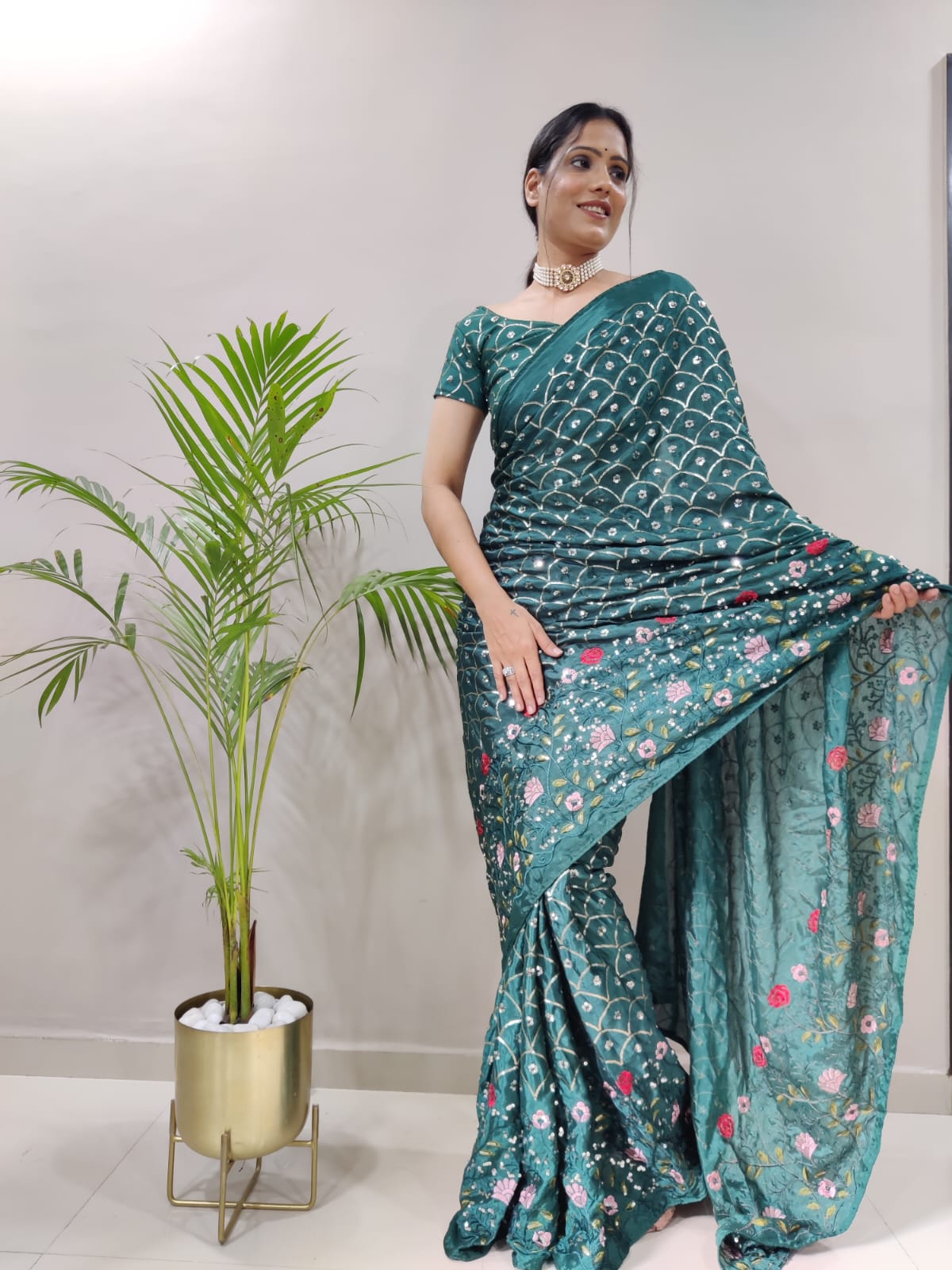 Chinon Silk Embroidery And Beautiful Sequins Work Latest Ready To Wear Saree