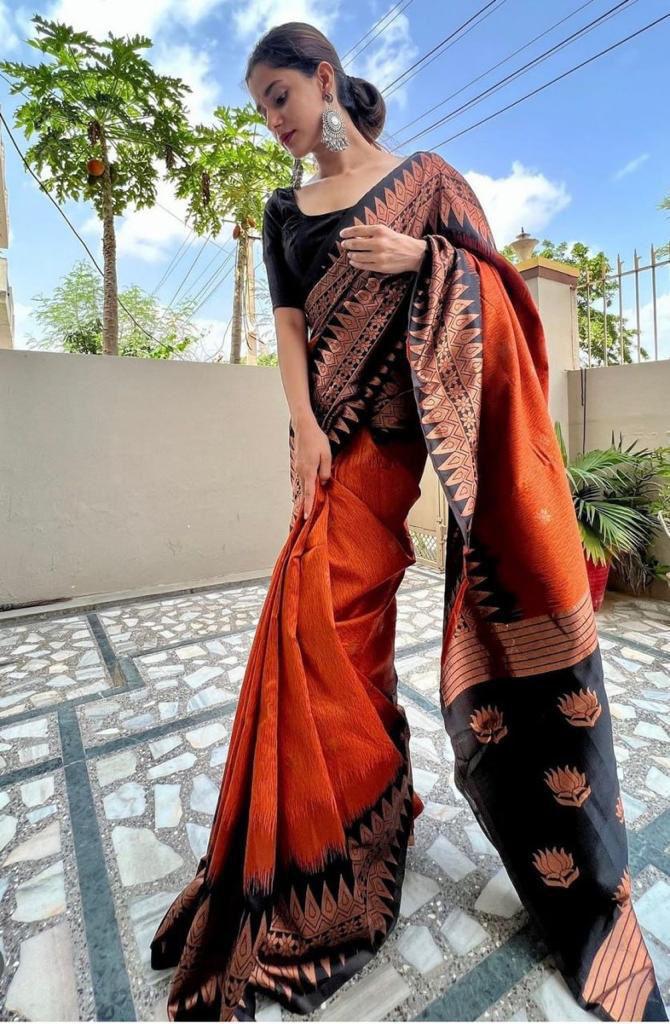 Outstanding Black and Orange Zari Woven Banarasi Saree With Blouse