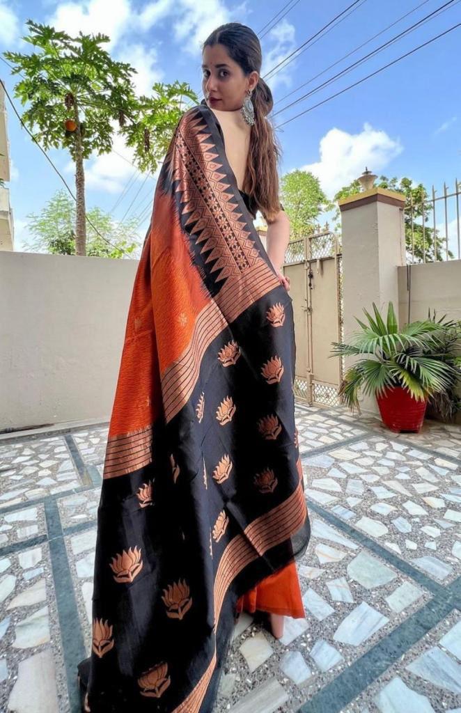 Outstanding Black and Orange Zari Woven Banarasi Saree With Blouse