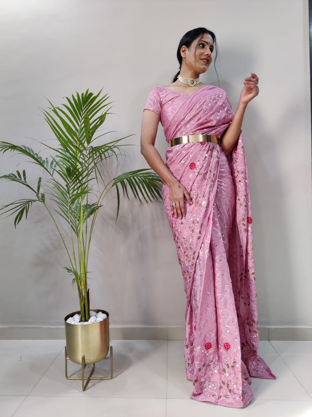 Chinon Silk Embroidery And Beautiful Sequins Work Latest Ready To Wear Saree