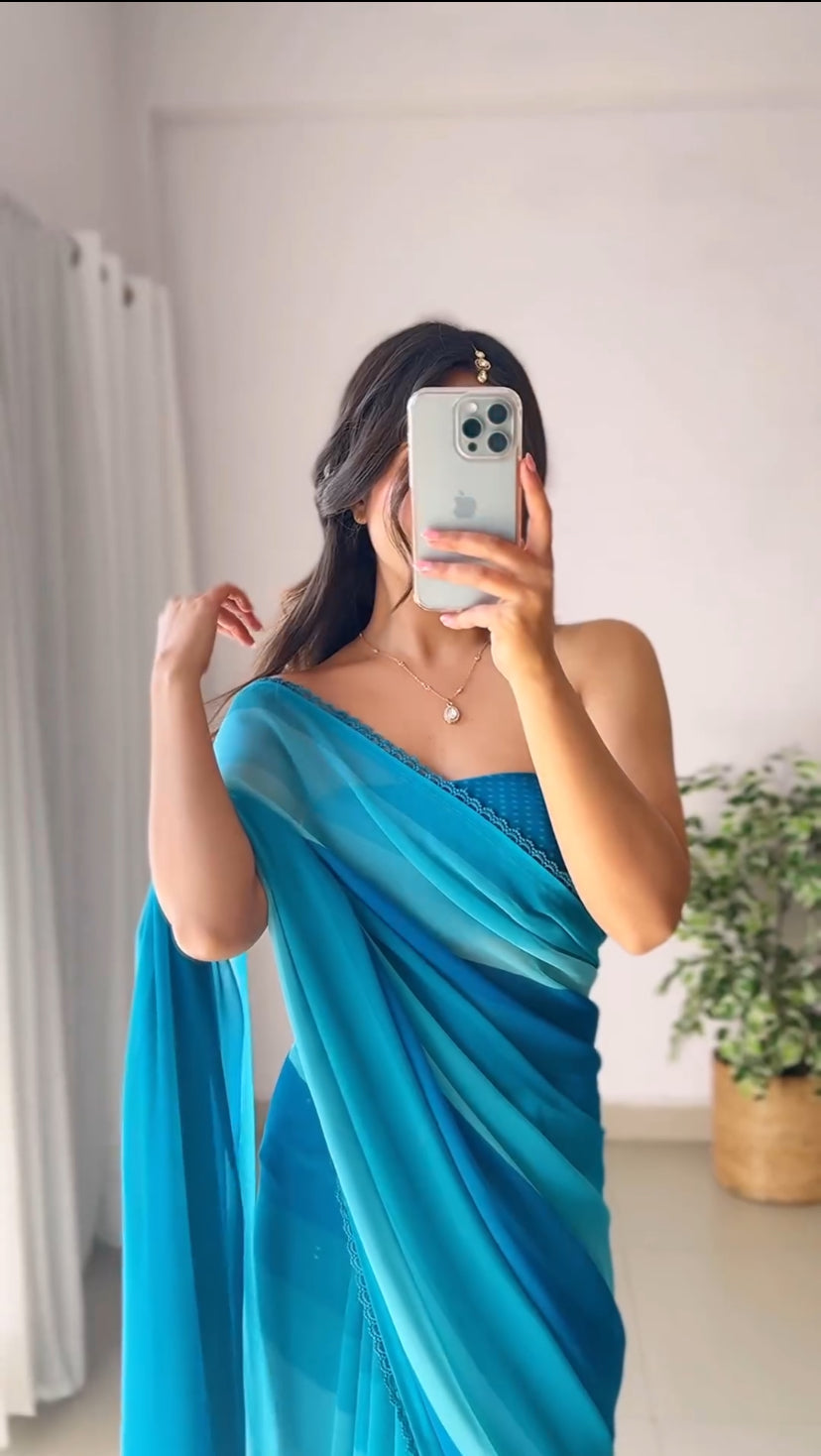 Arctic Blue 1-Minute Ready To Wear Georgette Saree