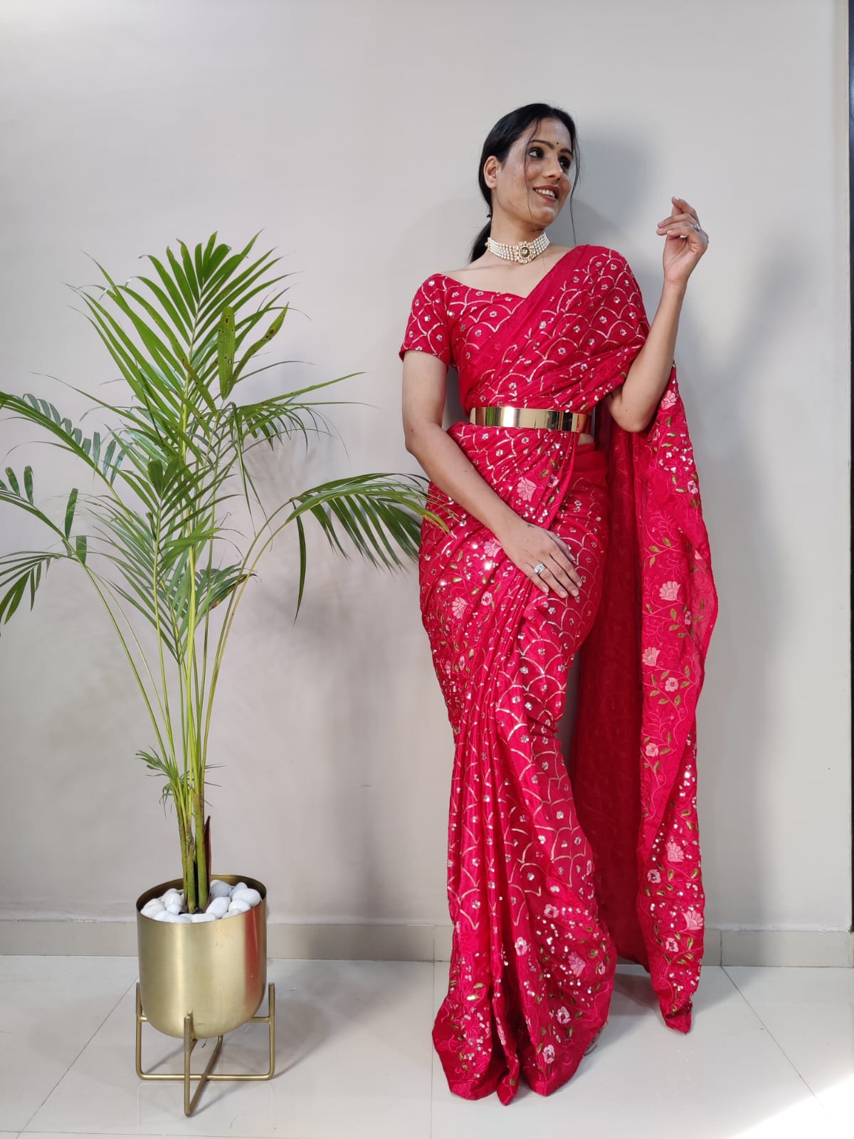 Chinon Silk Embroidery And Beautiful Sequins Work Latest Ready To Wear Saree