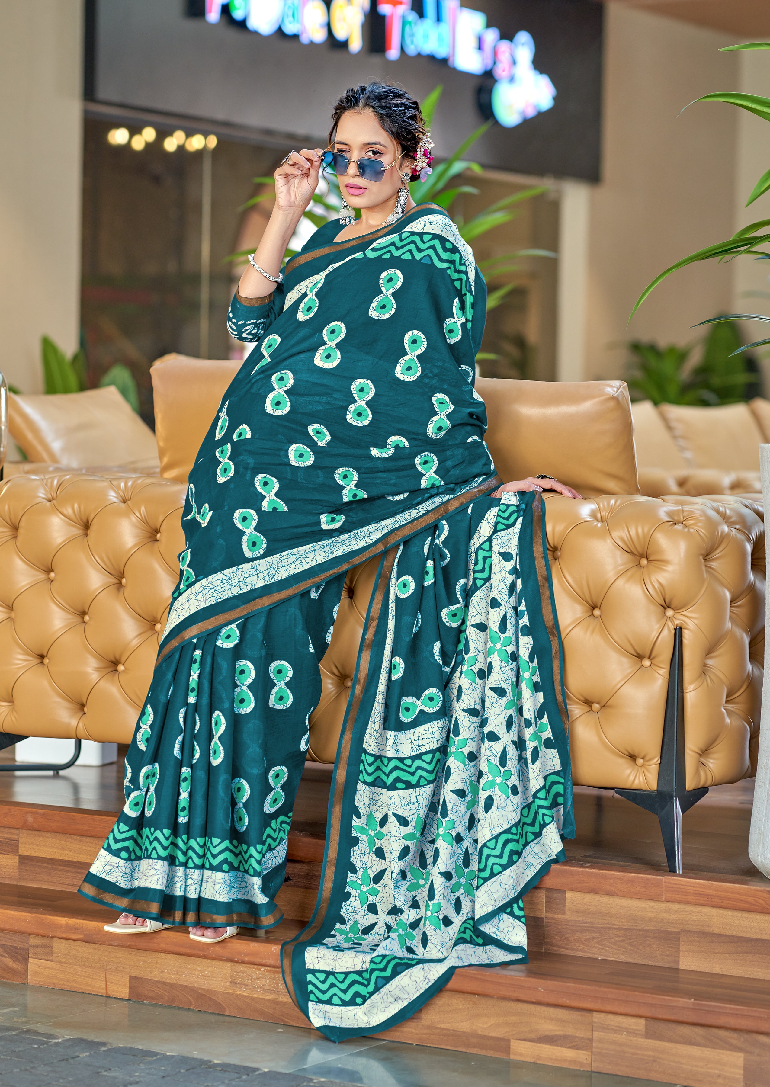 Excellent 1 Minute Ready To Wear Teal Color Mul Cotton Printed Saree