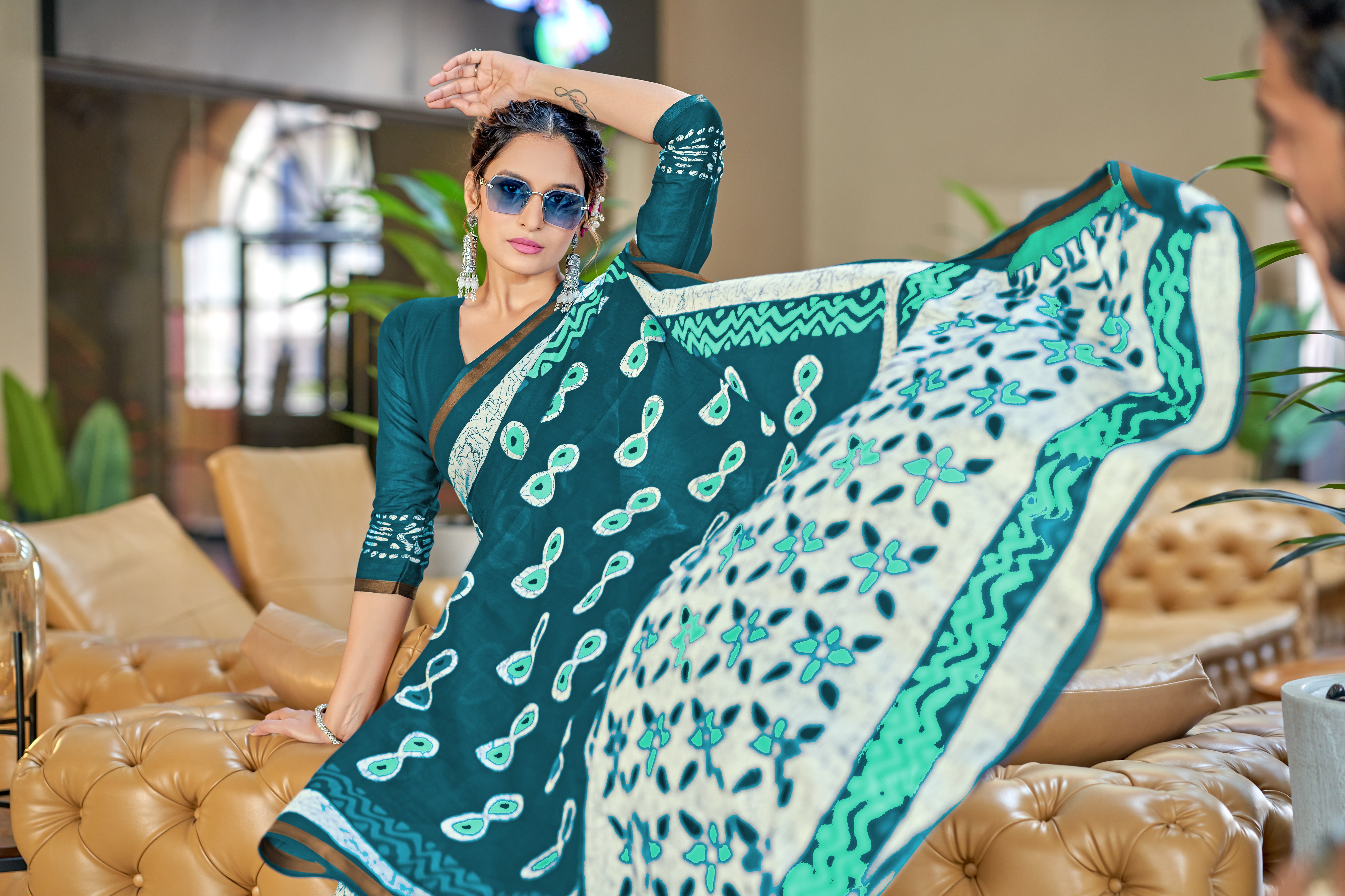 Excellent 1 Minute Ready To Wear Teal Color Mul Cotton Printed Saree