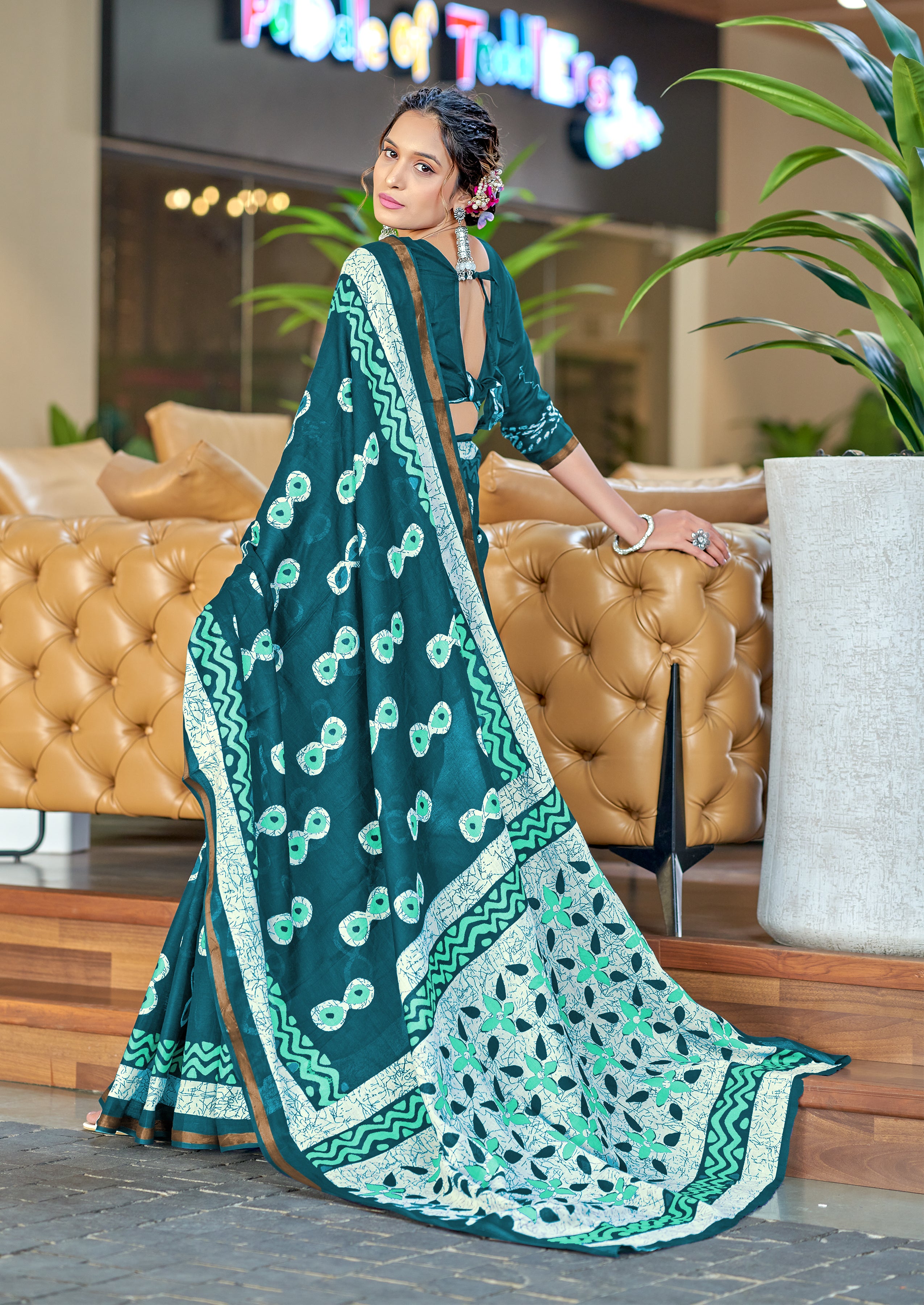 Excellent 1 Minute Ready To Wear Teal Color Mul Cotton Printed Saree