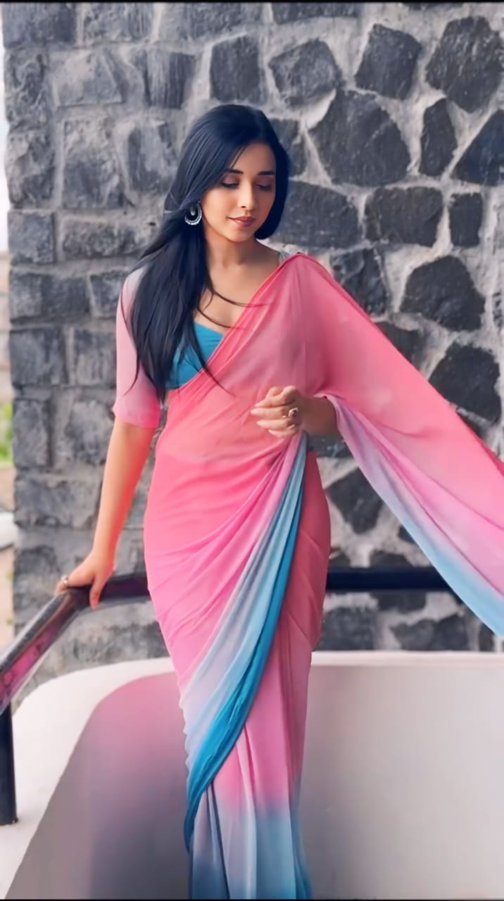 Fancifull 1-Minute Ready To Wear Pink & Sky Color Georgette  Saree