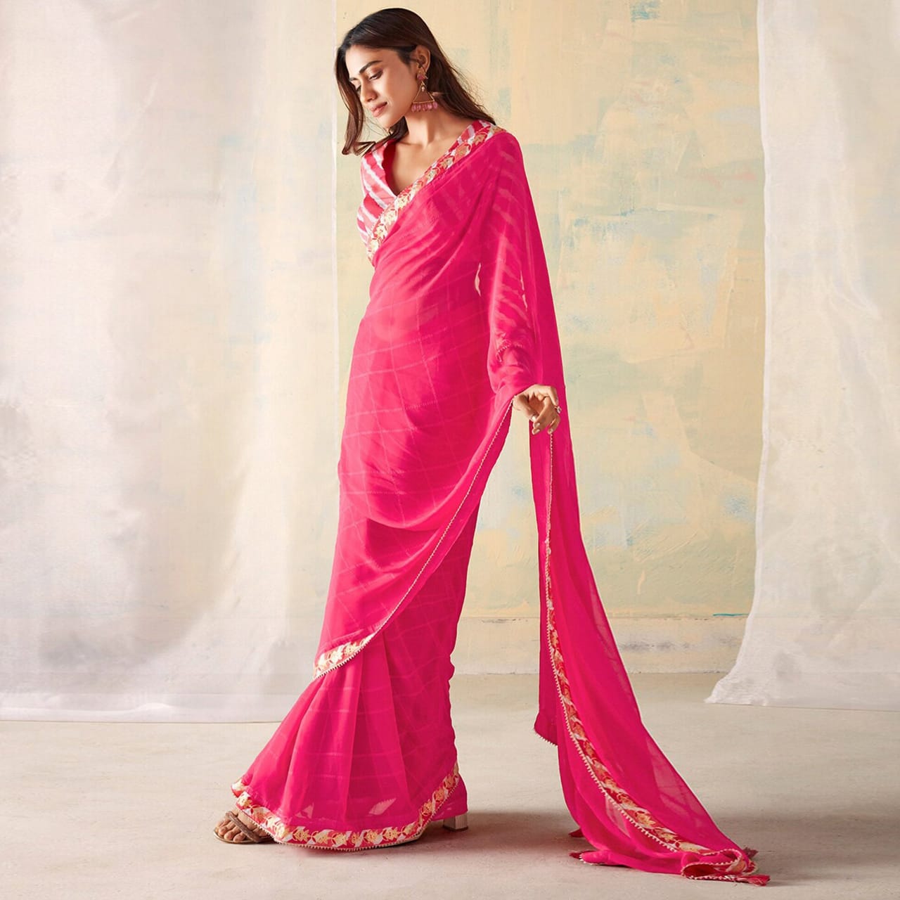 Pink Georgette Chext Print Saree with Bangalori Silk Unstitch Blouse