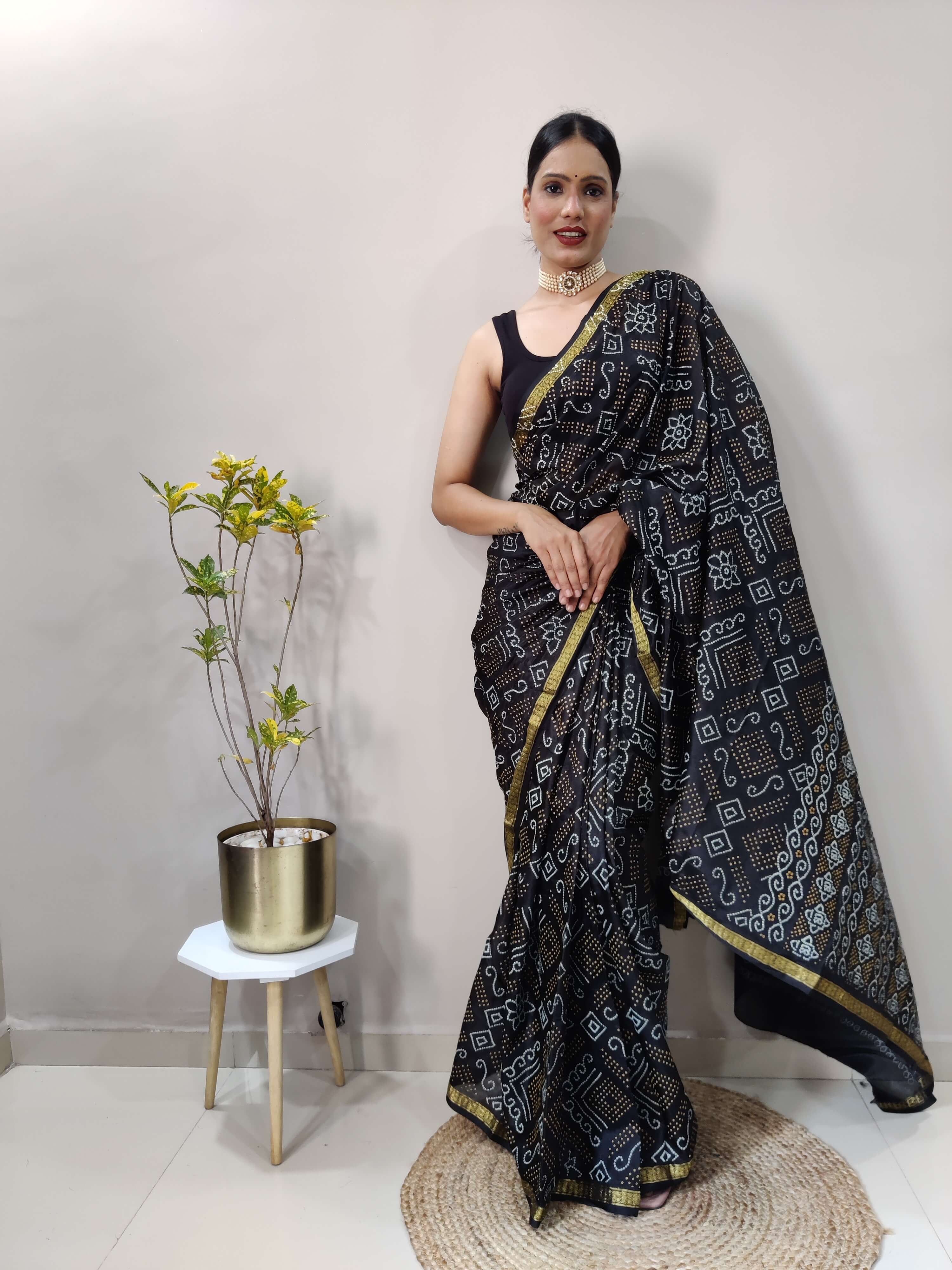 1 Min Ready To Wear Saree In BLACK Bandhani With All Over Boder