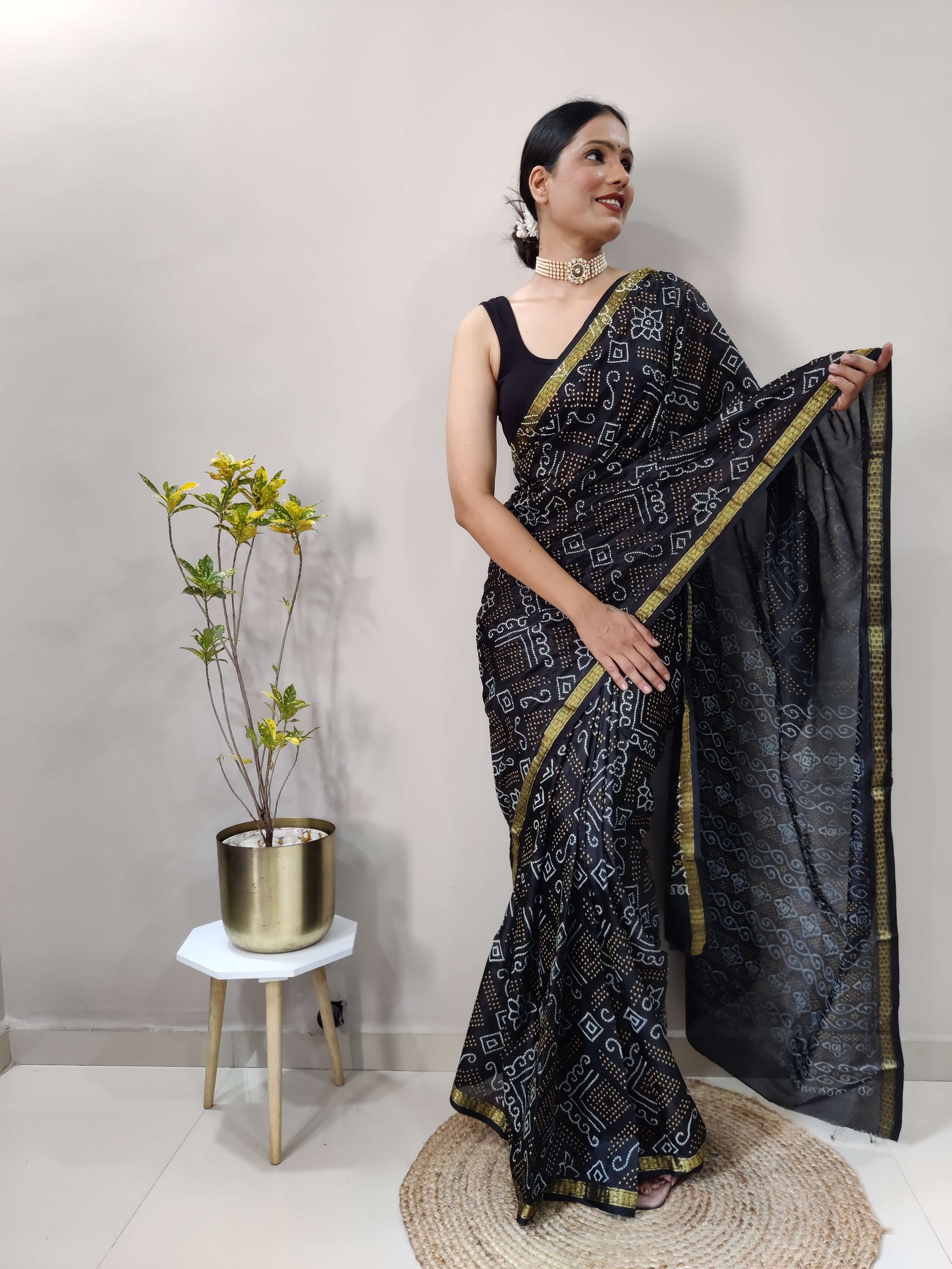 1 Min Ready To Wear Saree In BLACK Bandhani With All Over Boder