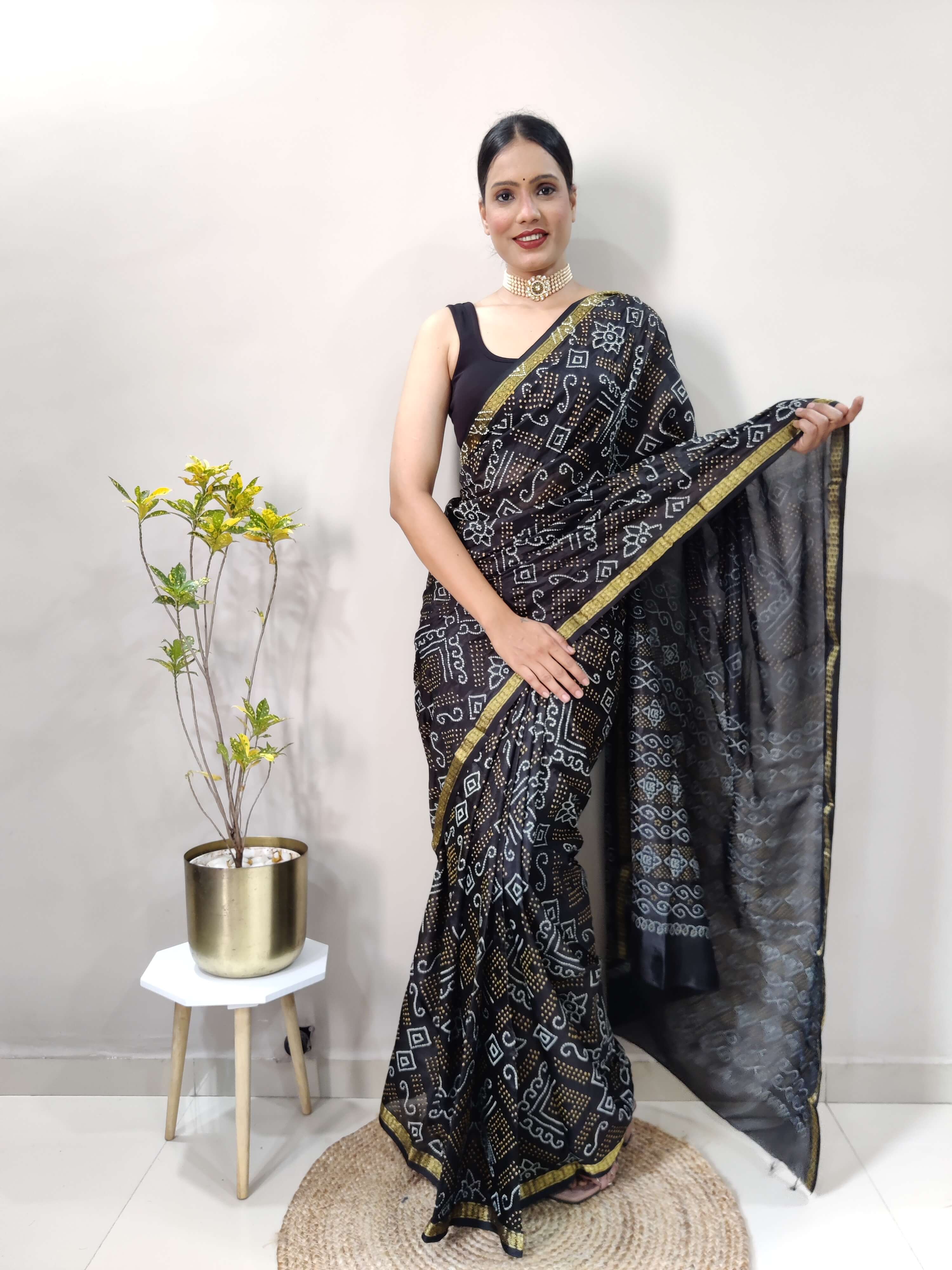 1 Min Ready To Wear Saree In BLACK Bandhani With All Over Boder