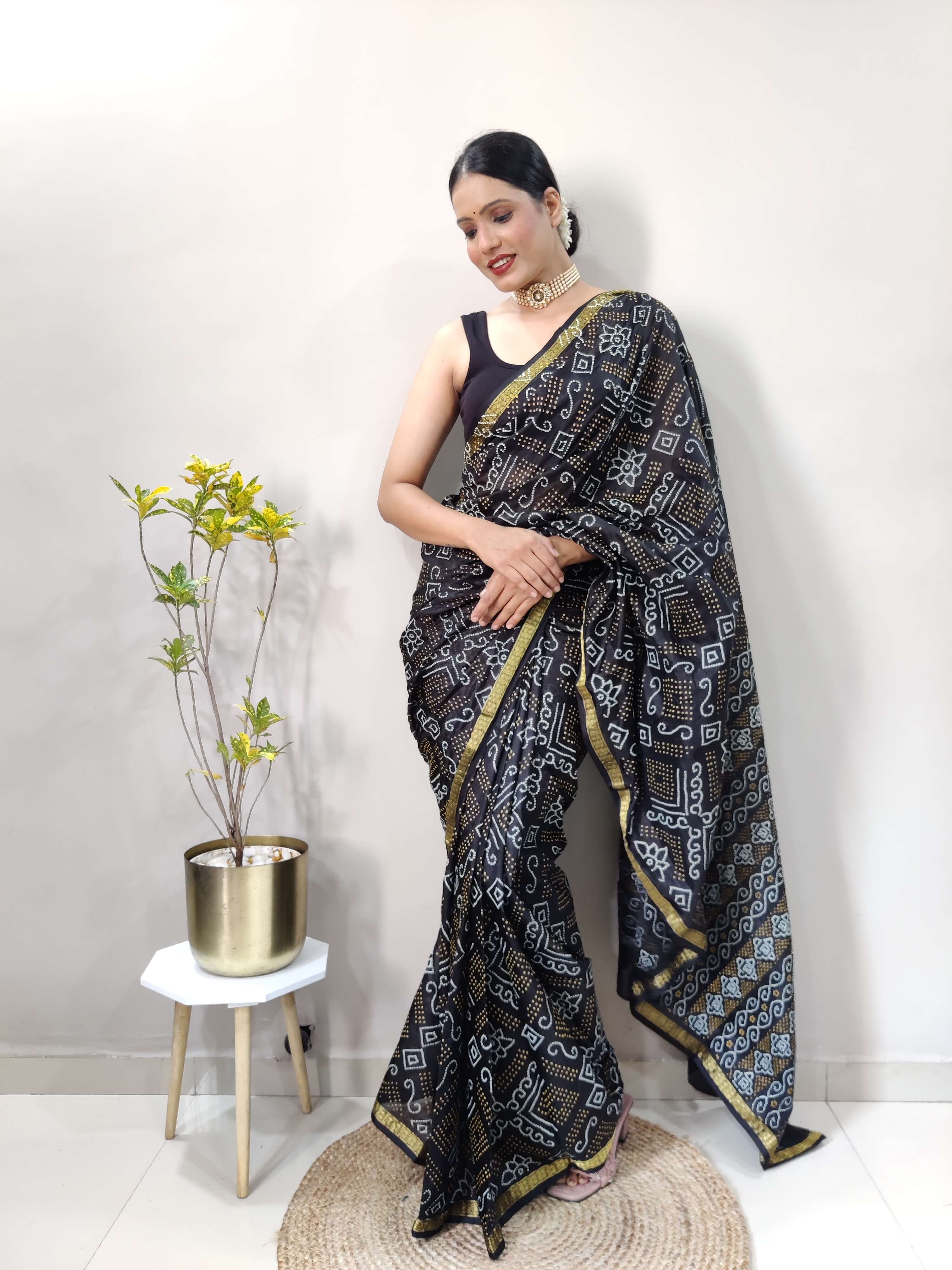 1 Min Ready To Wear Saree In BLACK Bandhani With All Over Boder