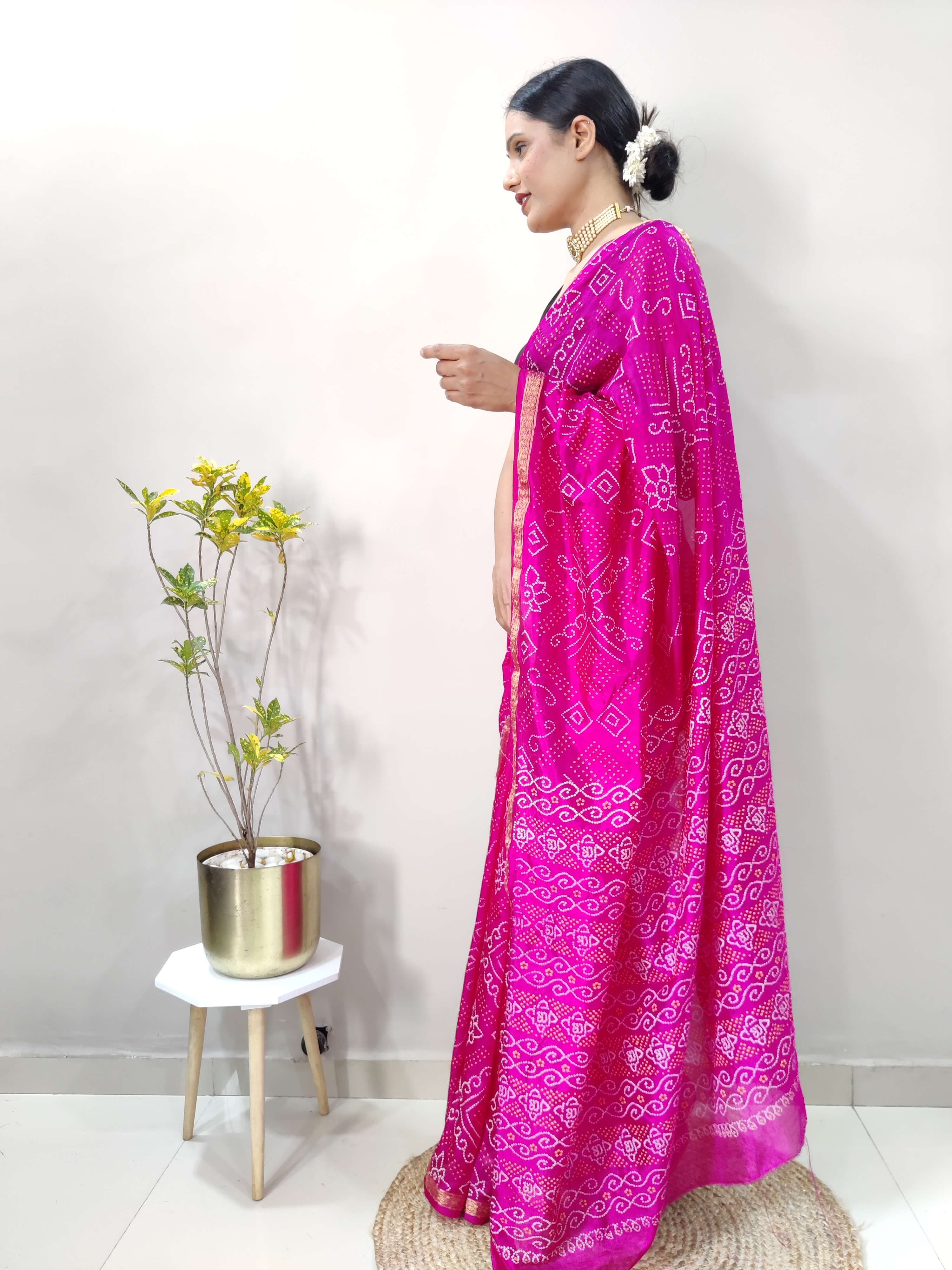 1 Min Ready To Wear Saree In  PINK Bandhani With All Over Boder