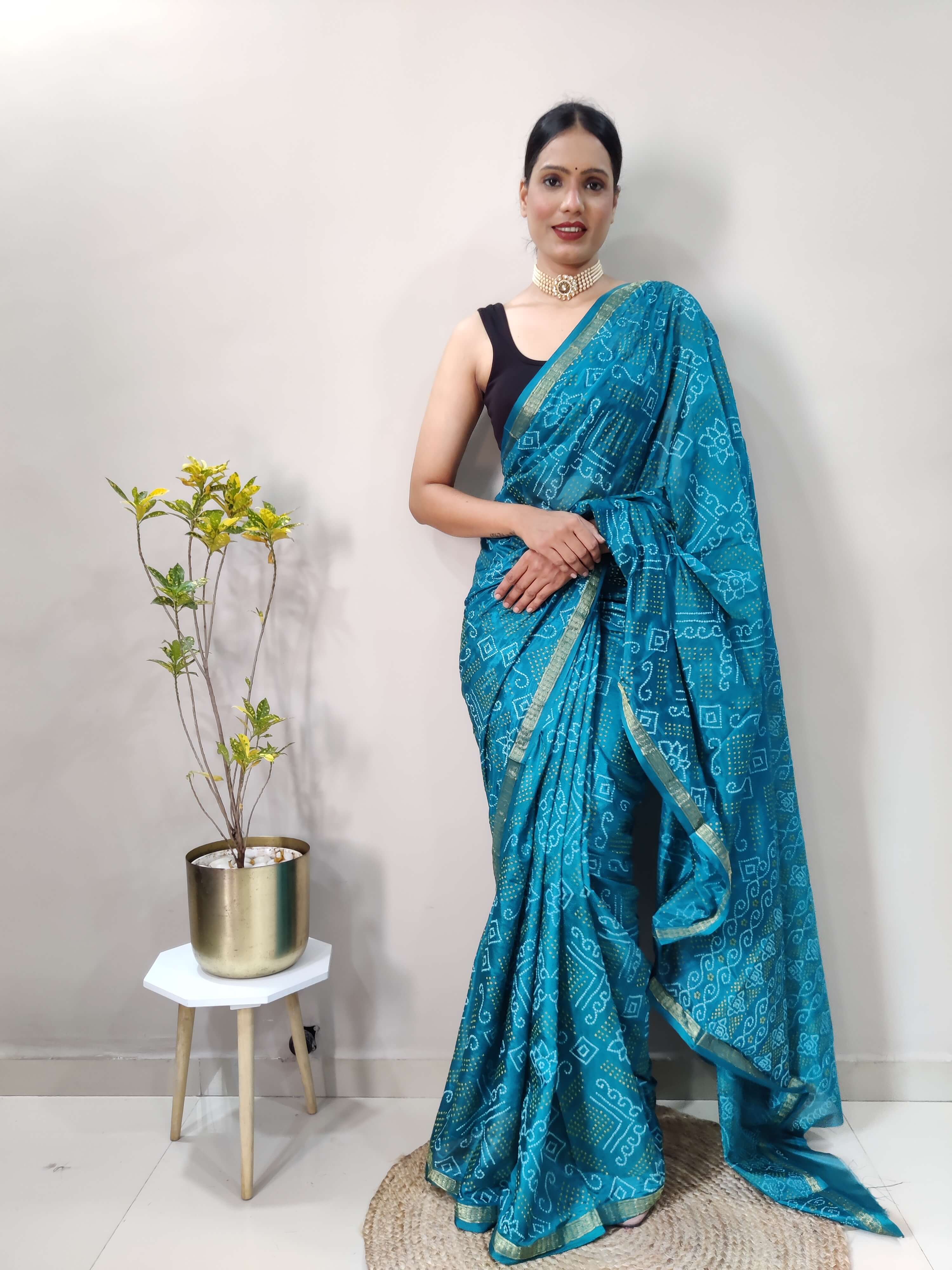 1 Min Ready To Wear Saree In PEACOCK Bandhani With All Over Boder