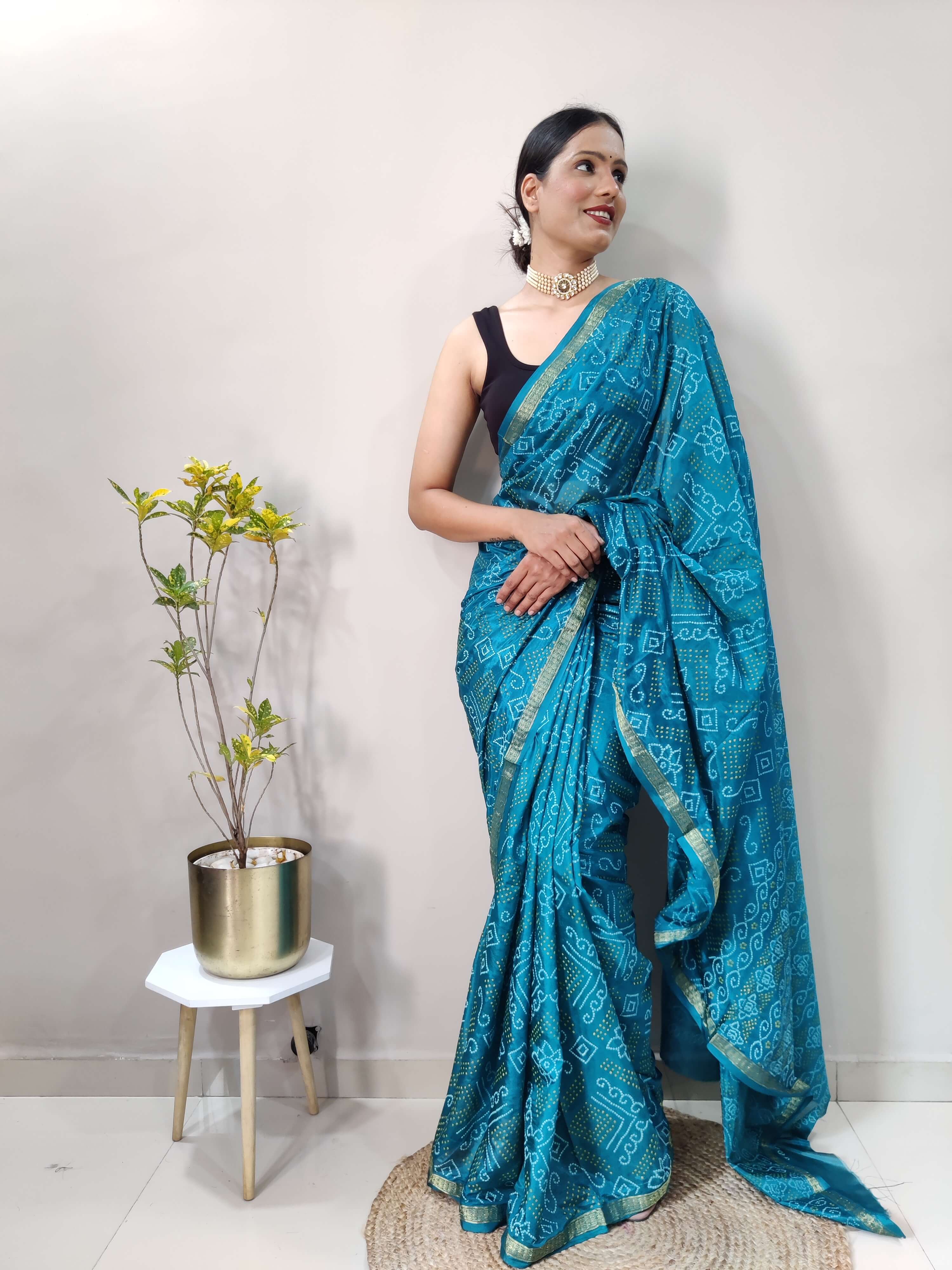 1 Min Ready To Wear Saree In PEACOCK Bandhani With All Over Boder