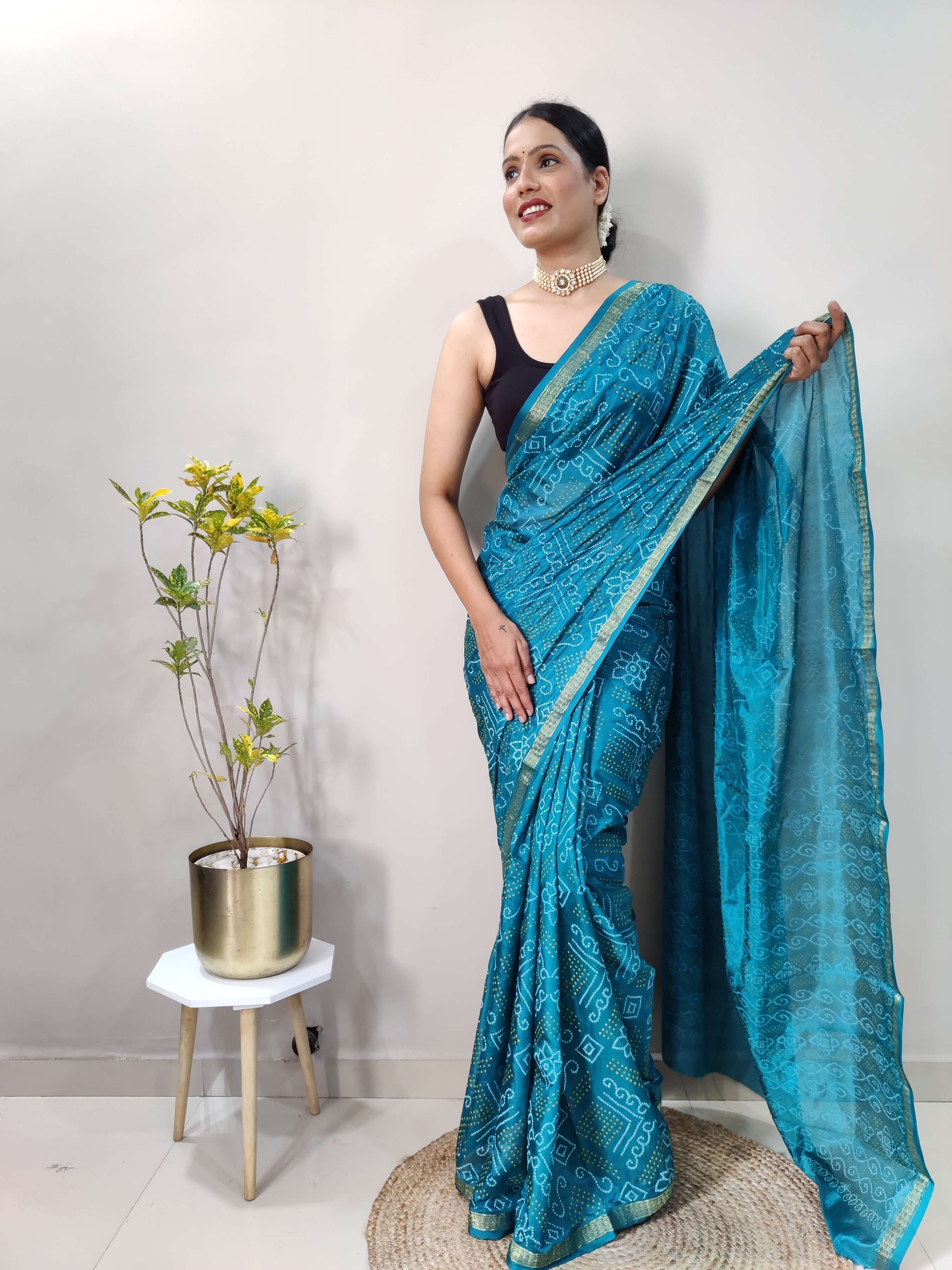 1 Min Ready To Wear Saree In PEACOCK Bandhani With All Over Boder