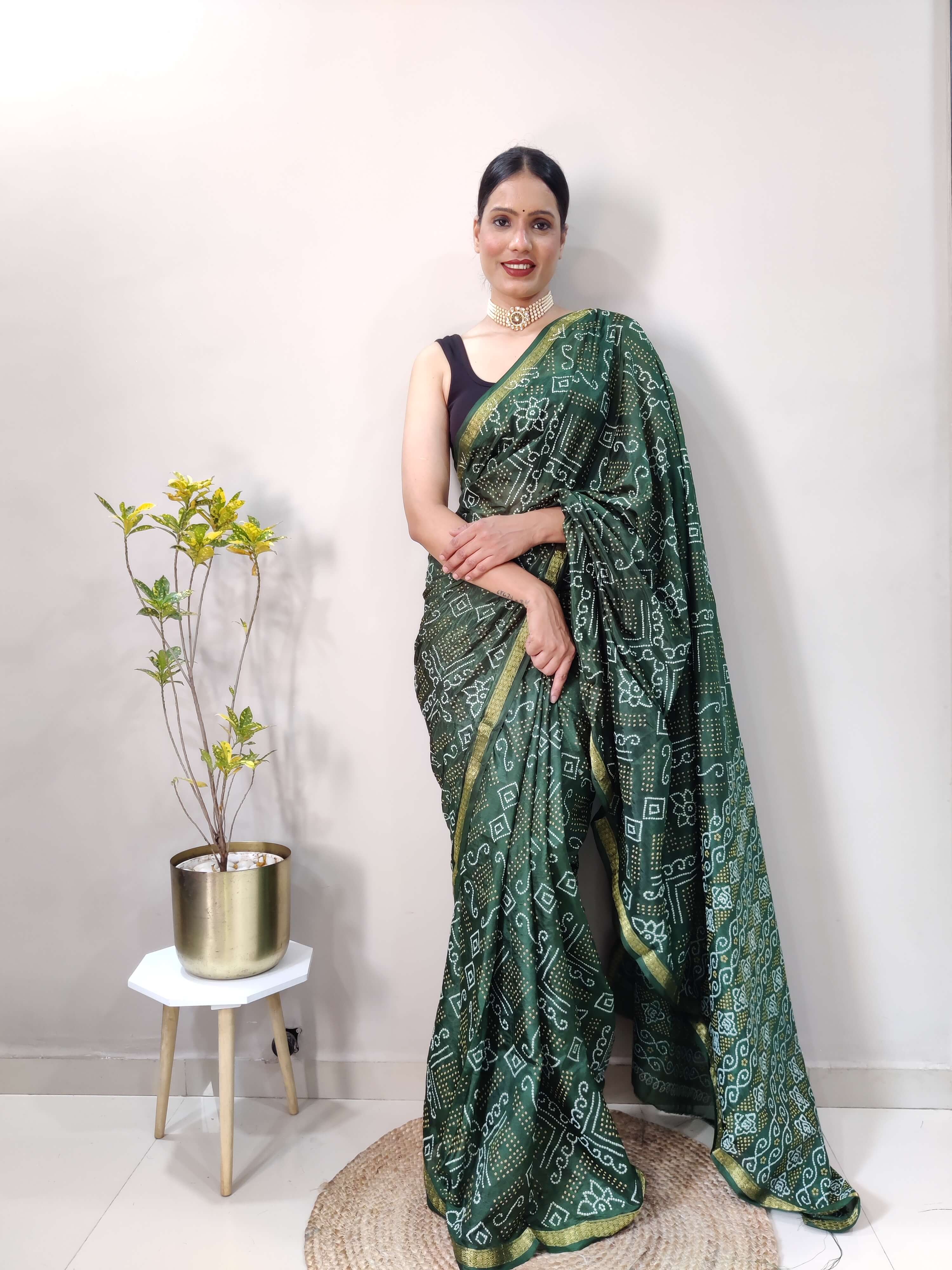 1 Min Ready To Wear Saree In GREEN Bandhani With All Over Boder