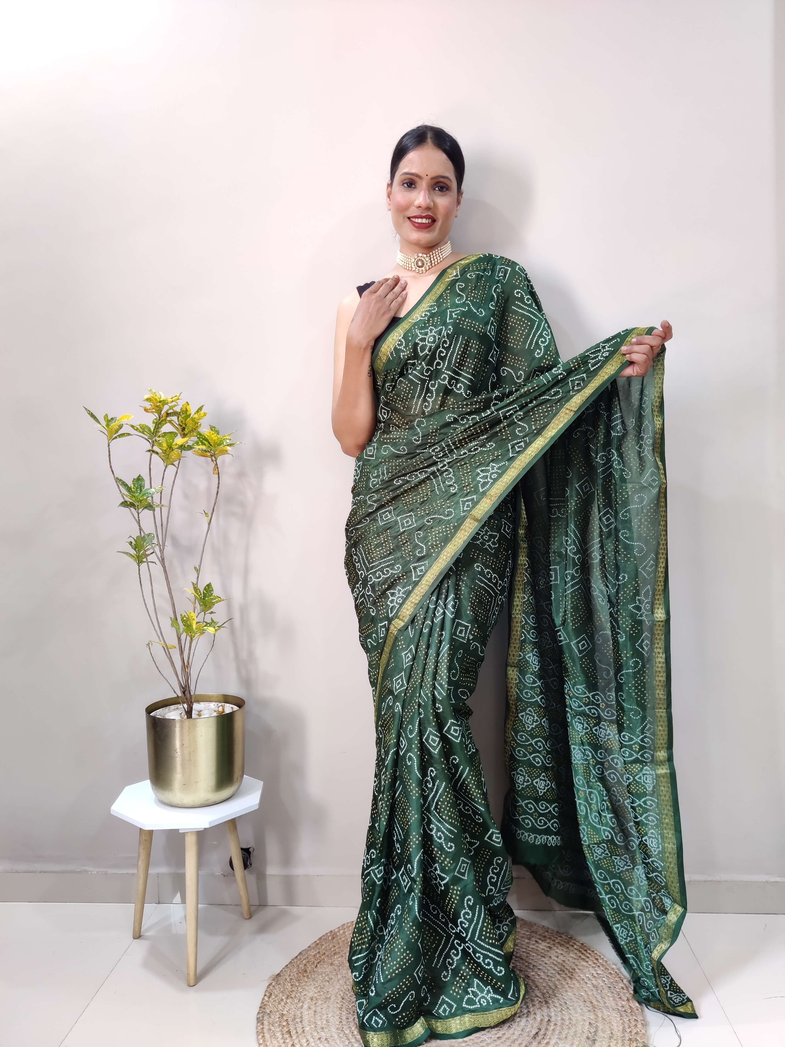 1 Min Ready To Wear Saree In GREEN Bandhani With All Over Boder