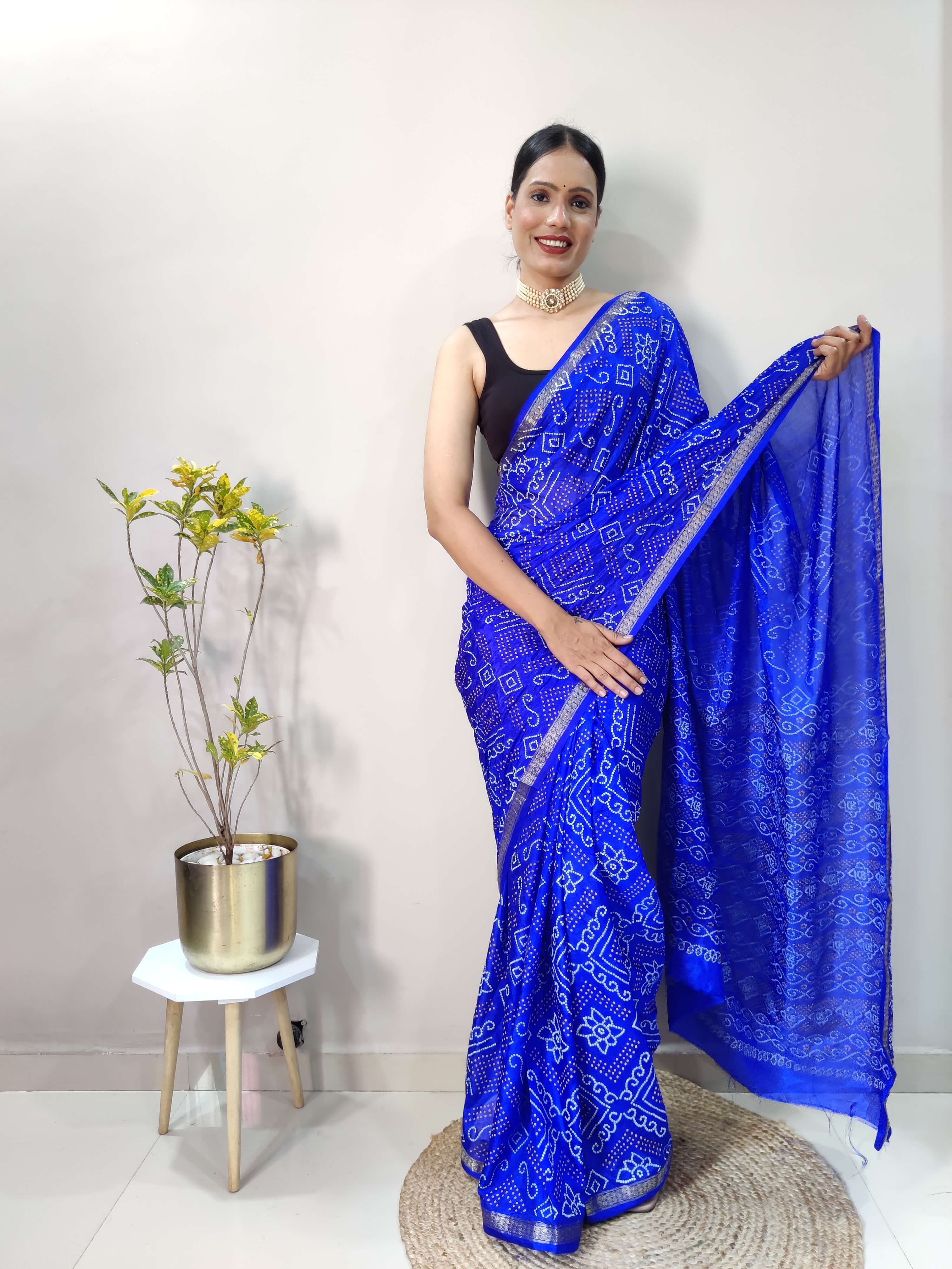 1 Min Ready To Wear Saree In ROYAL BLUE Bandhani With All Over Boder