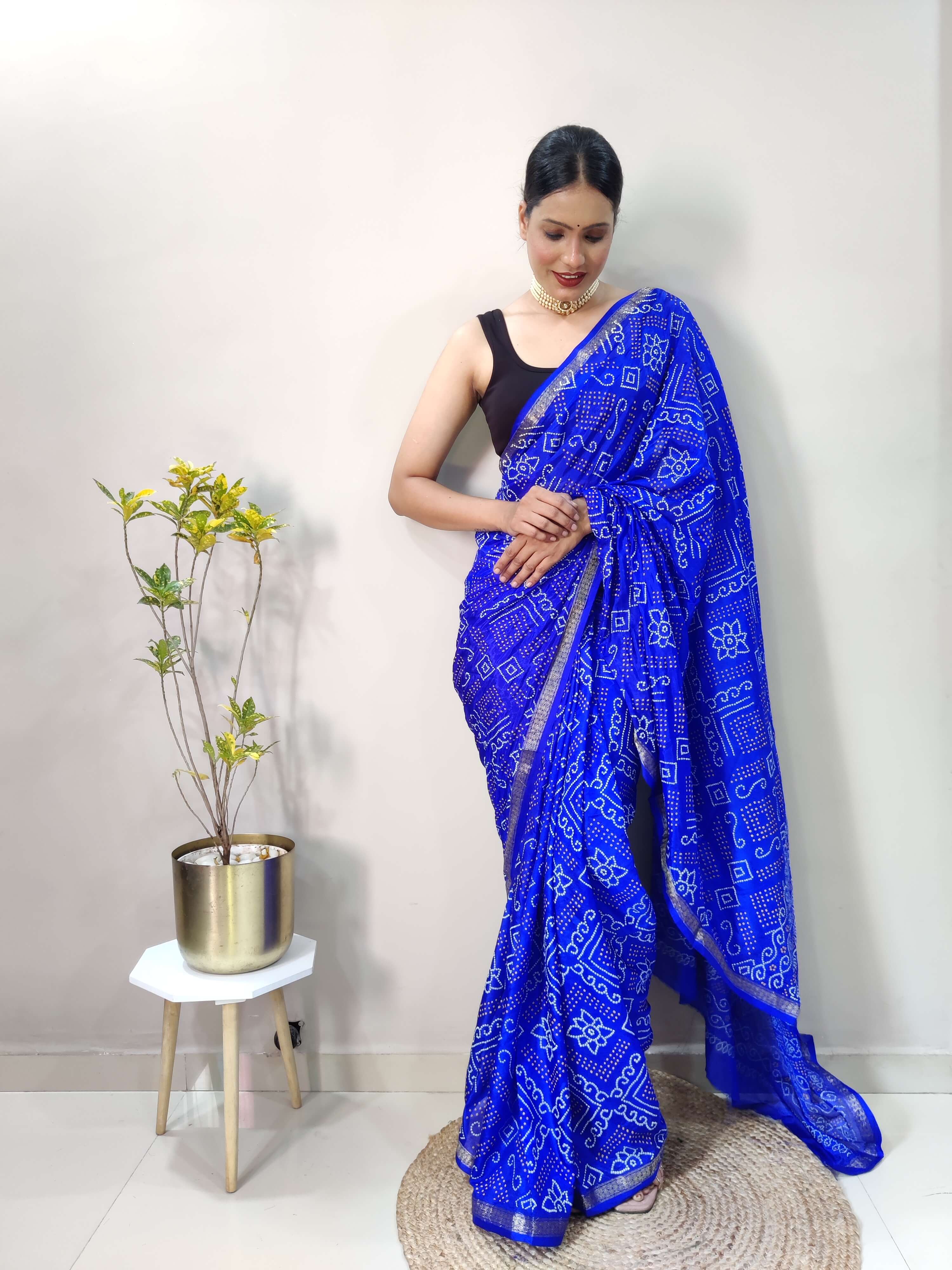 1 Min Ready To Wear Saree In ROYAL BLUE Bandhani With All Over Boder