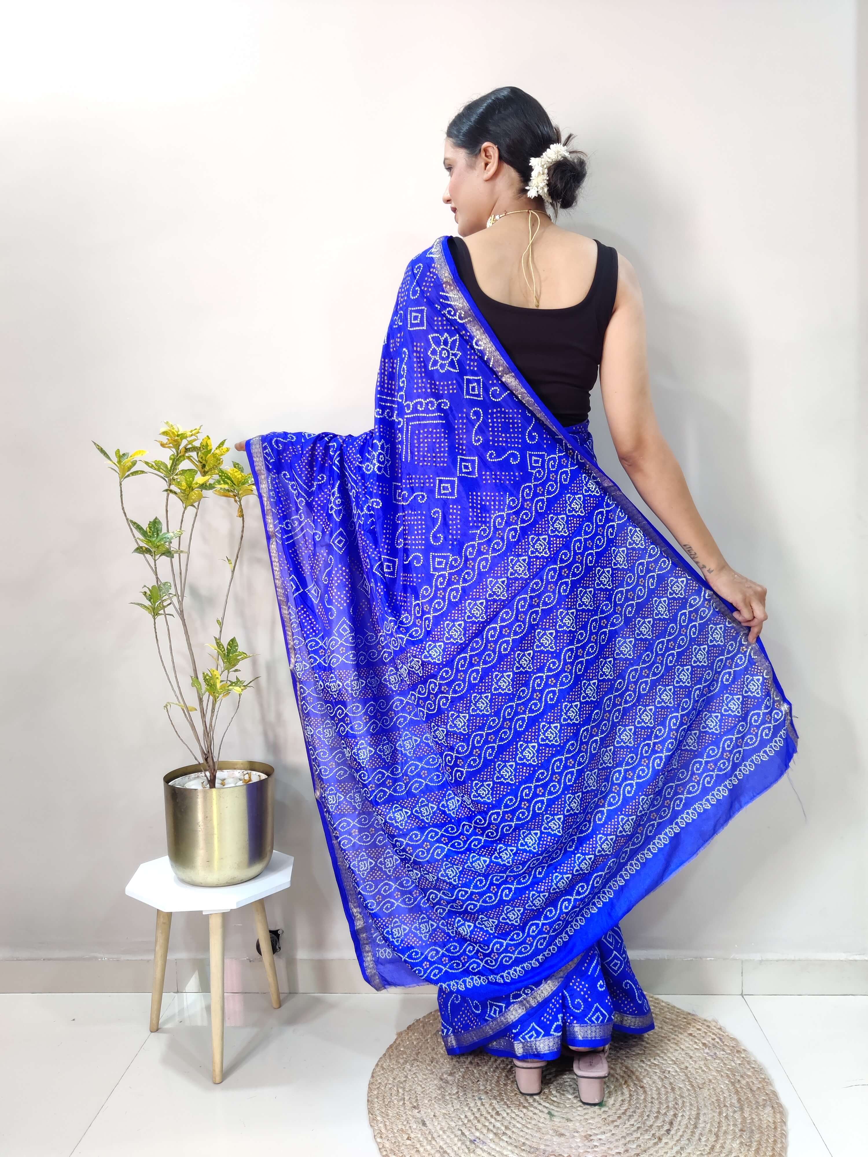 1 Min Ready To Wear Saree In ROYAL BLUE Bandhani With All Over Boder