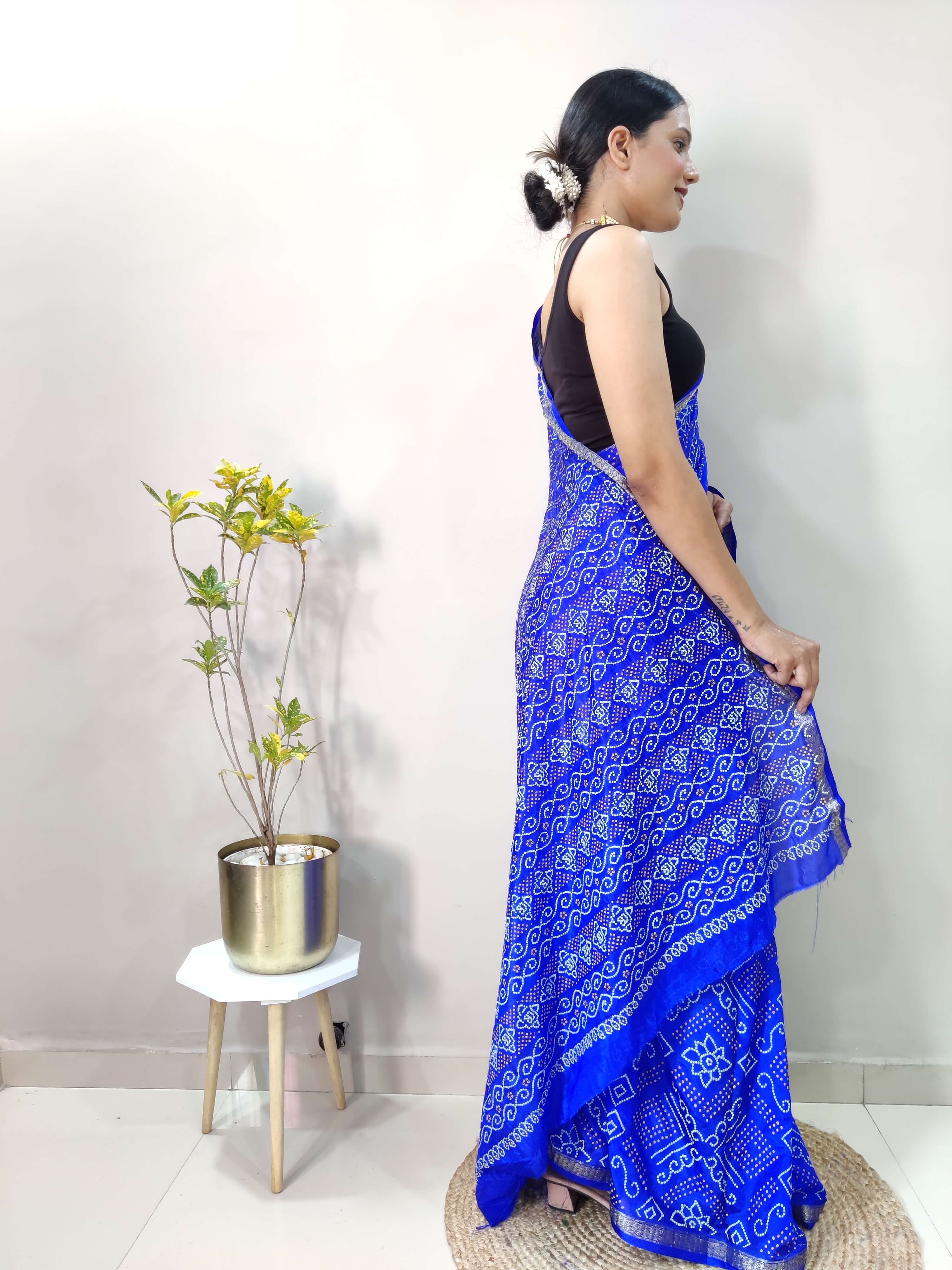 1 Min Ready To Wear Saree In ROYAL BLUE Bandhani With All Over Boder