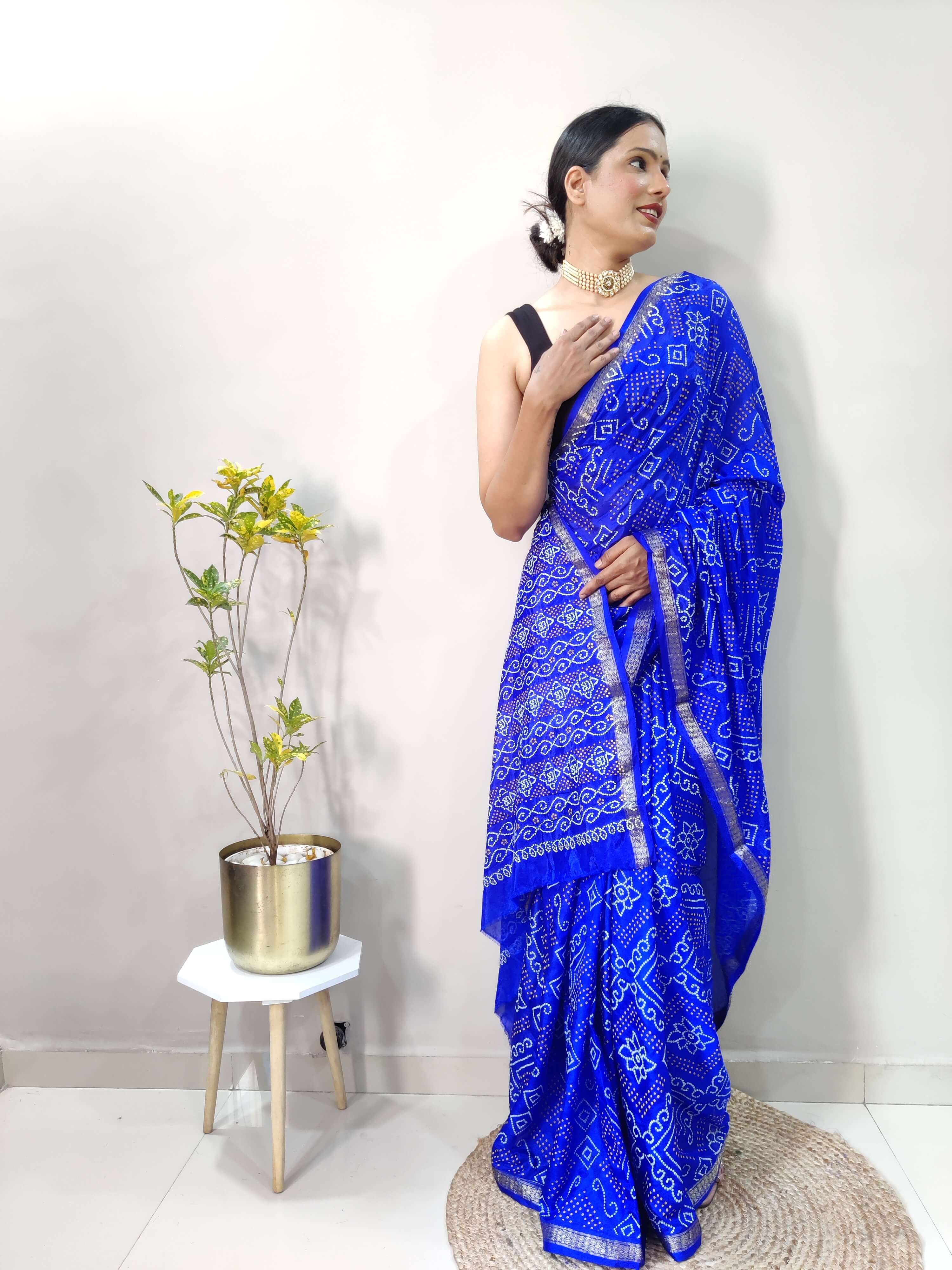 1 Min Ready To Wear Saree In ROYAL BLUE Bandhani With All Over Boder