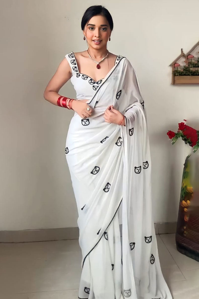 Devastating 1-Minute Ready To Wear White Printed Georgette Saree