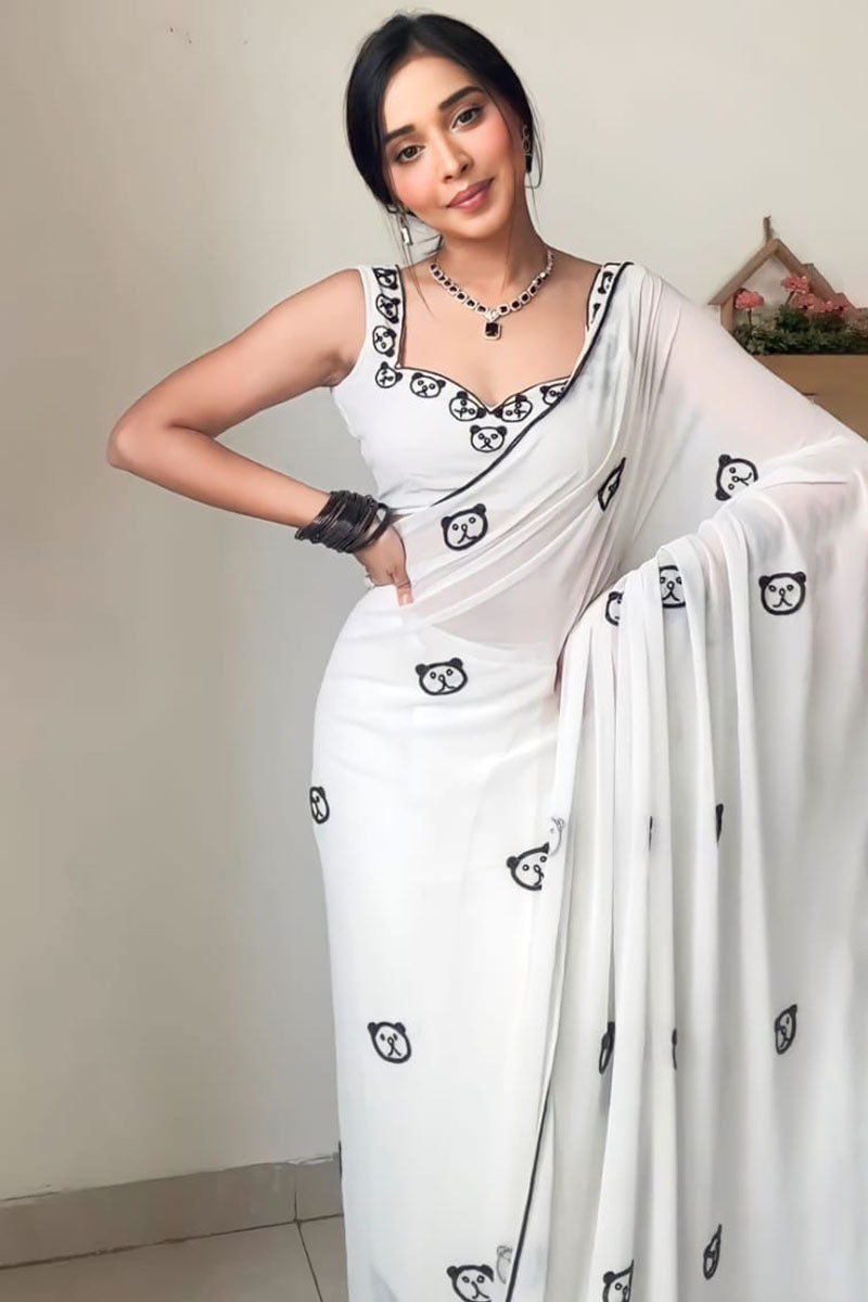 Devastating 1-Minute Ready To Wear White Printed Georgette Saree