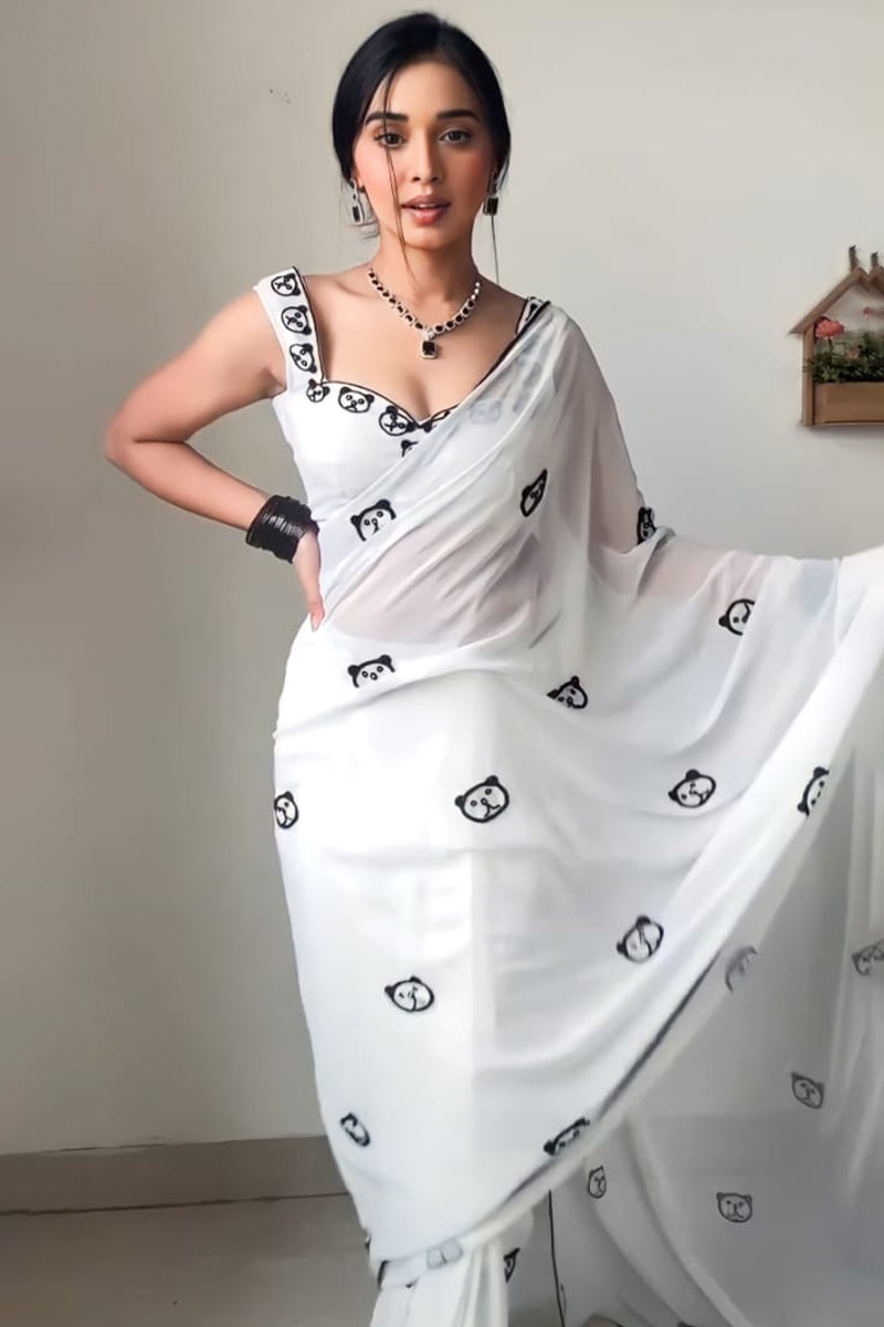 Devastating 1-Minute Ready To Wear White Printed Georgette Saree