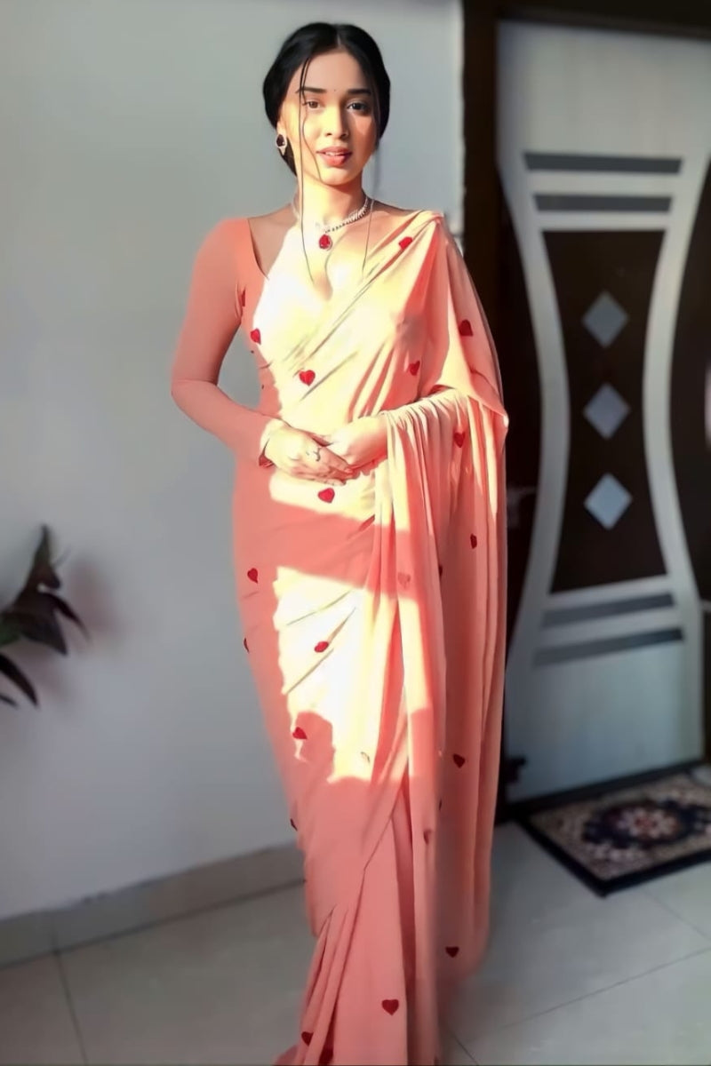 Smashing 1-Minute Ready To Wear Peach Georgette Saree