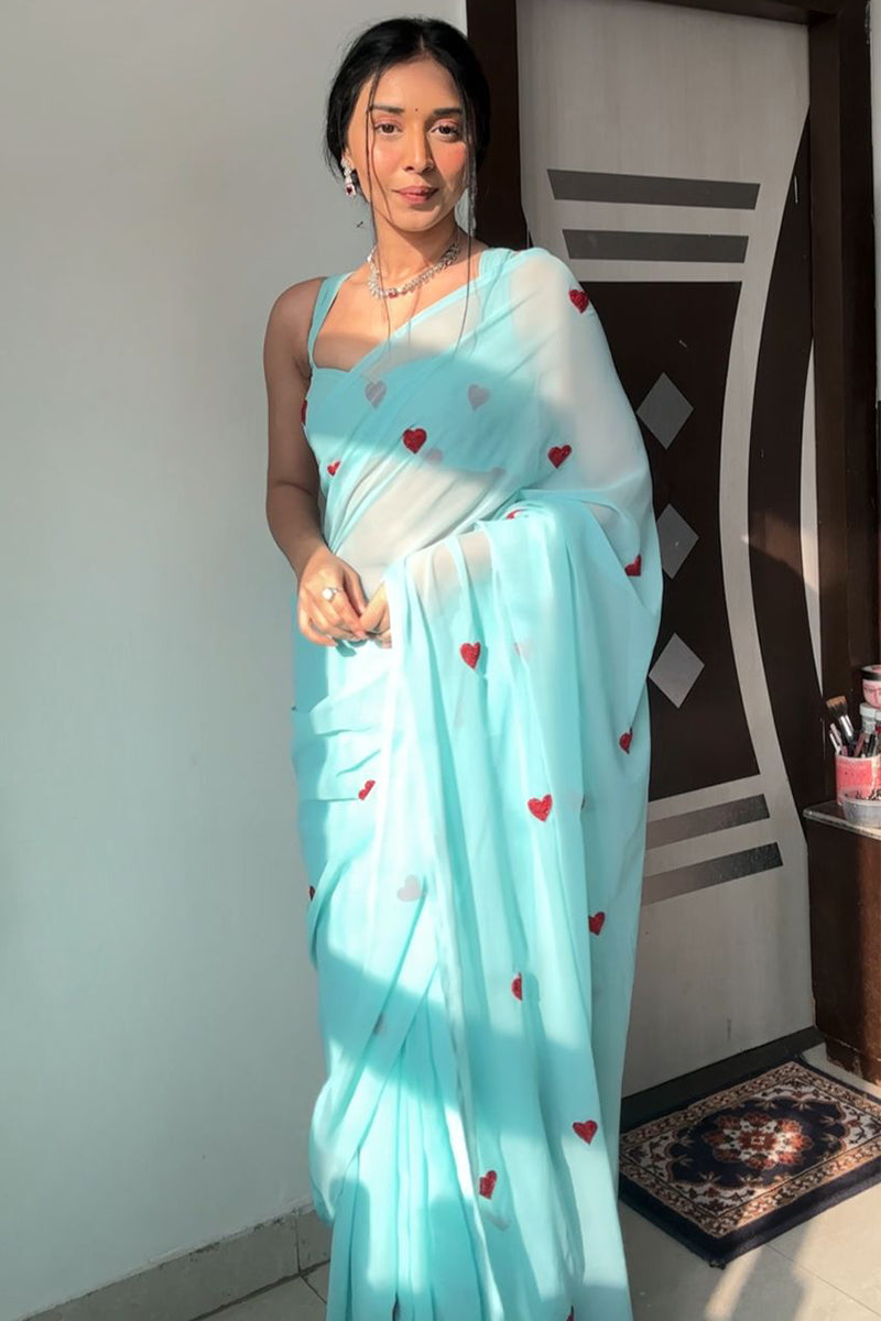 Enamoring 1-Minute Ready To Wear Sky Georgette Saree