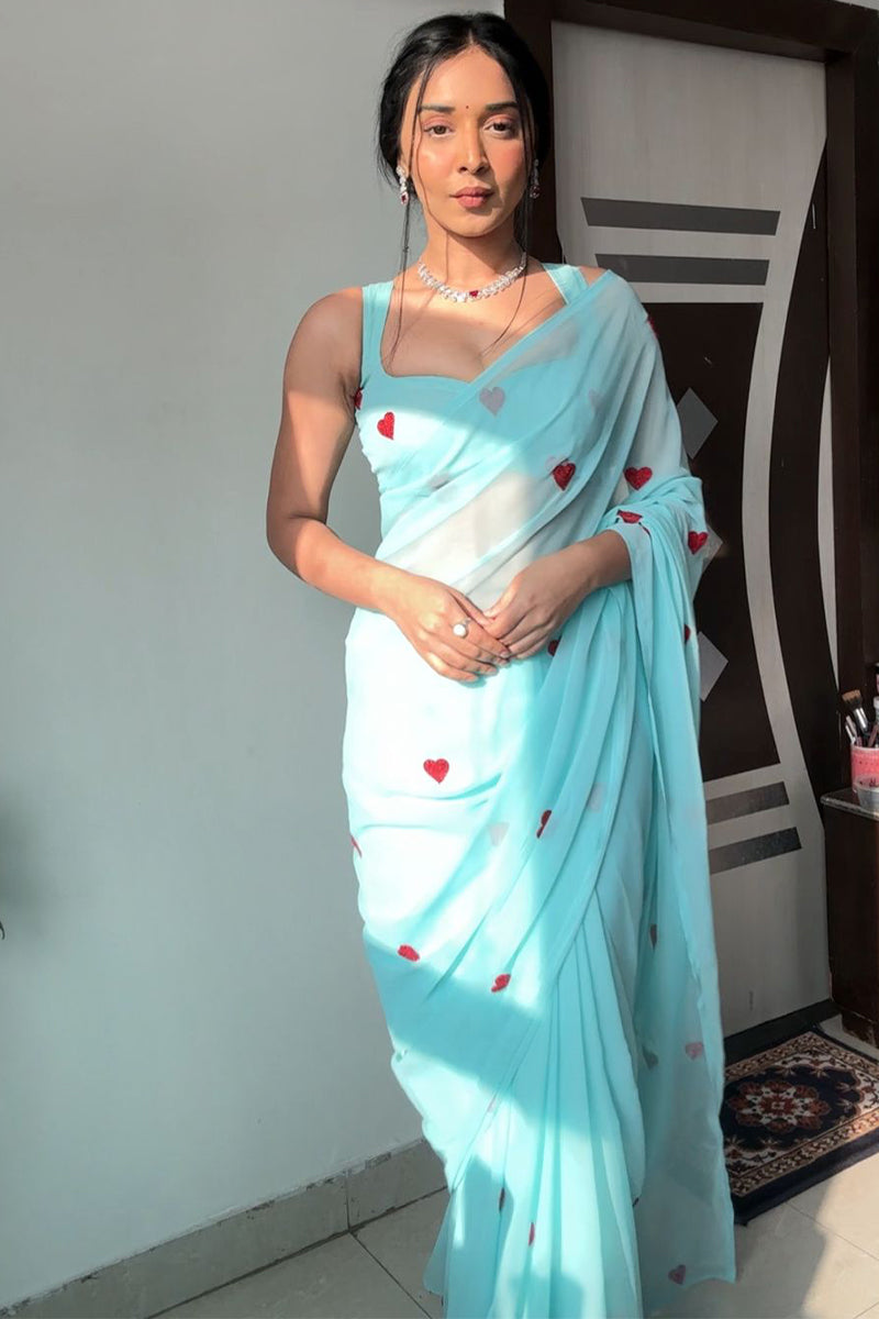 Enamoring 1-Minute Ready To Wear Sky Georgette Saree