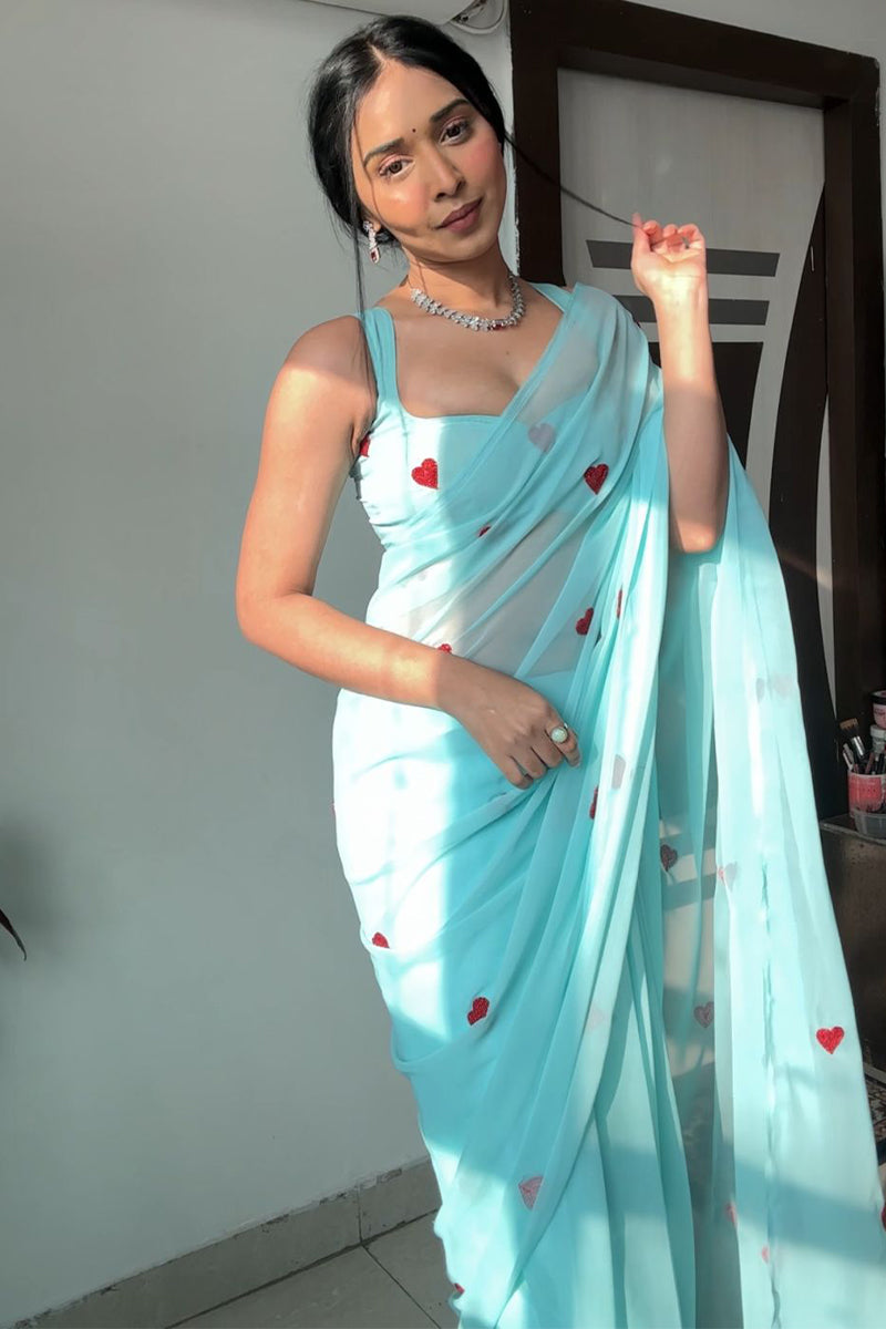 Enamoring 1-Minute Ready To Wear Sky Georgette Saree