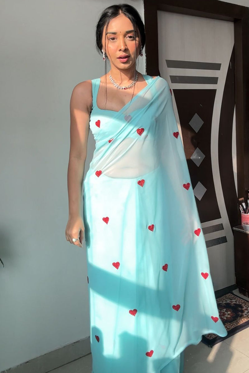 Enamoring 1-Minute Ready To Wear Sky Georgette Saree