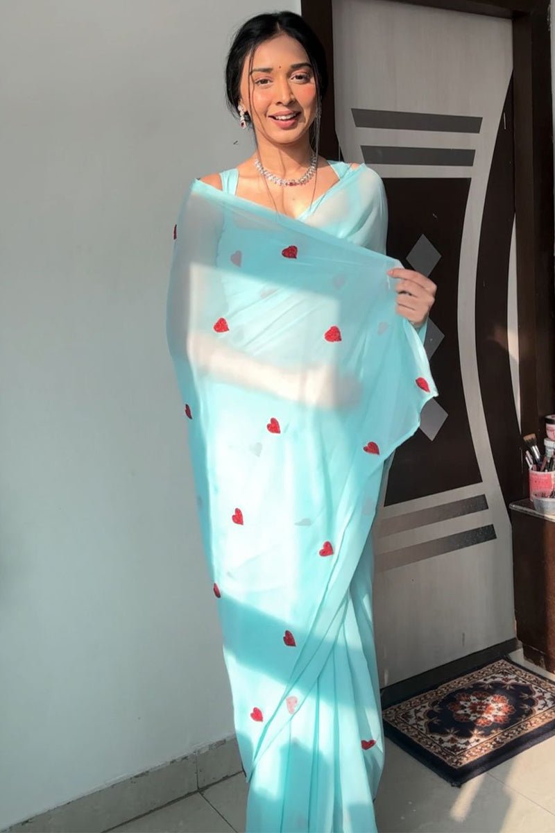 Enamoring 1-Minute Ready To Wear Sky Georgette Saree