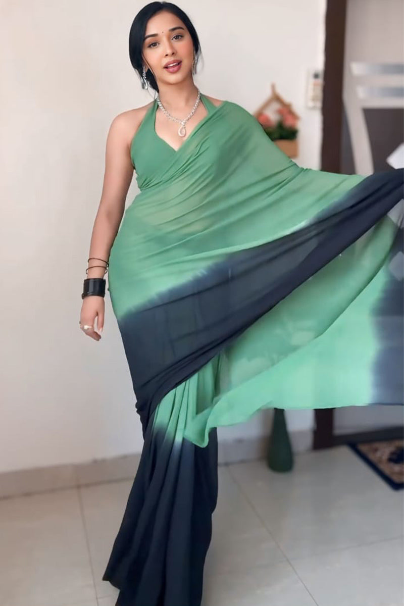 1-Minute Ready To Wear Green and Black Georgette Saree