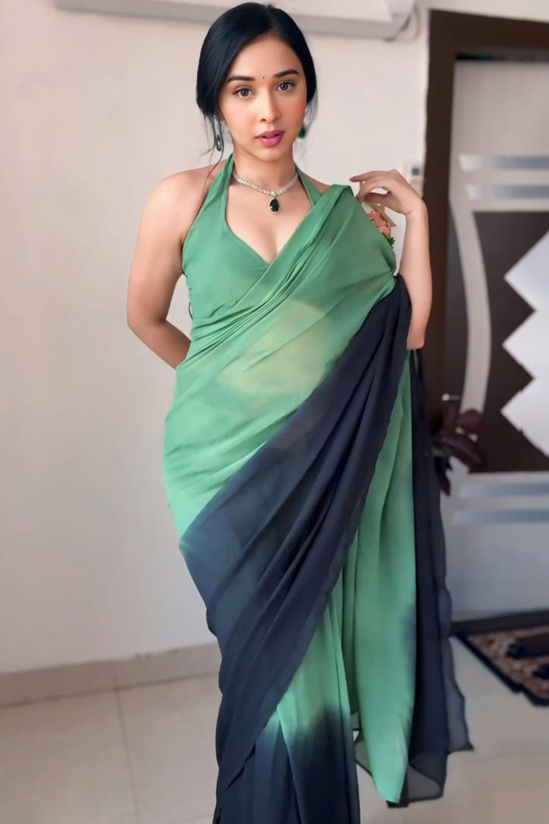 1-Minute Ready To Wear Green and Black Georgette Saree