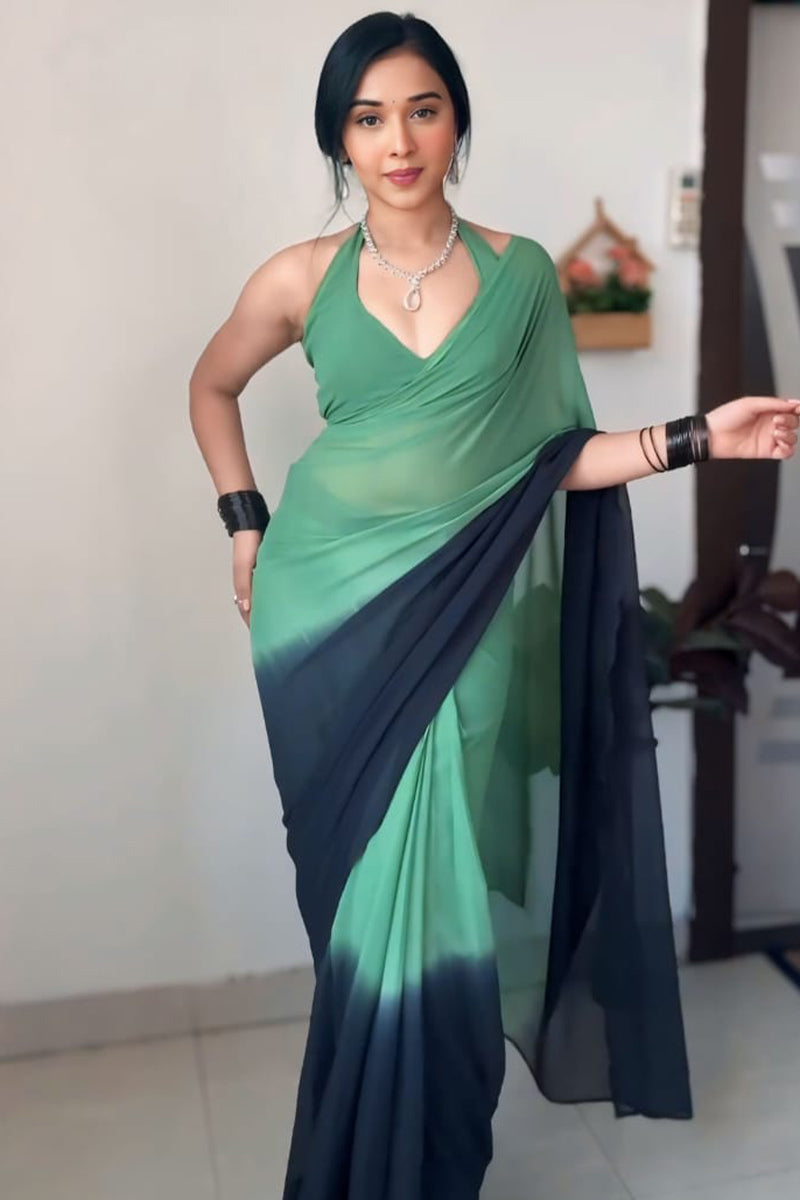 1-Minute Ready To Wear Green and Black Georgette Saree